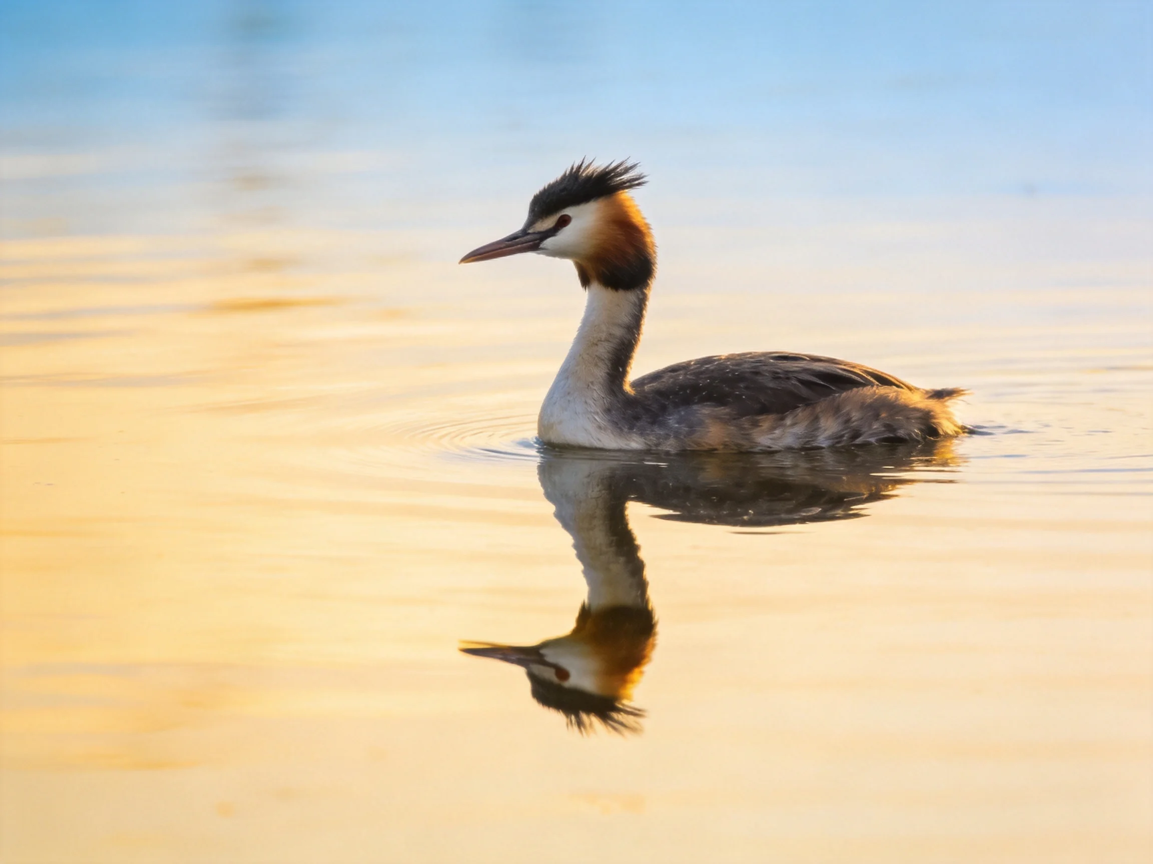 Great crested grebe gliding on calm water with golden reflection