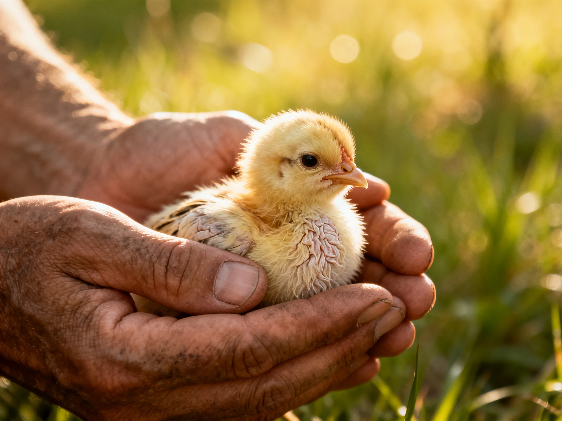 Hands cradling a small yellow chick in a sunlit grassy field