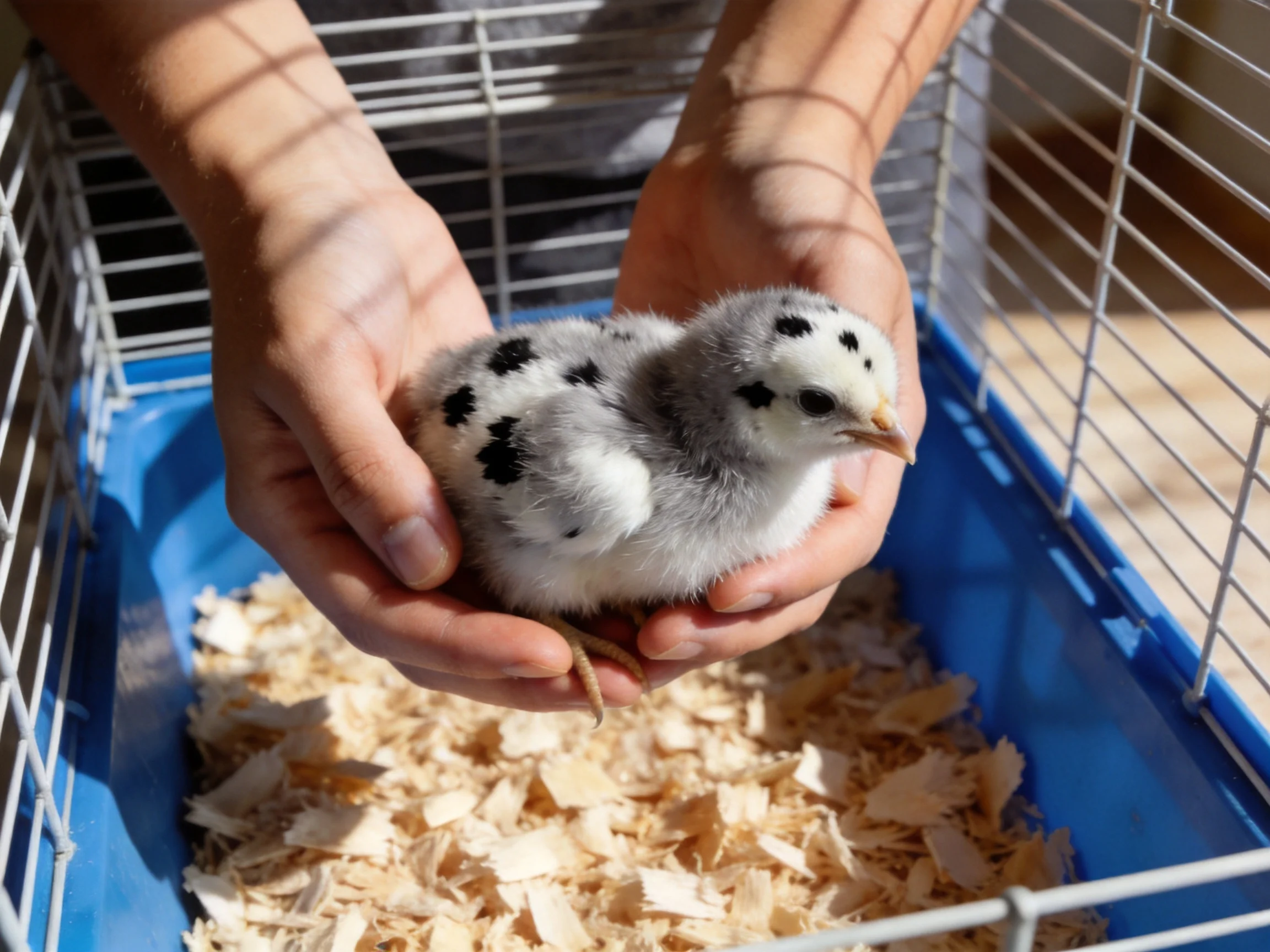 Hands cradling a spotted baby bird in a wire cage with wood shavings