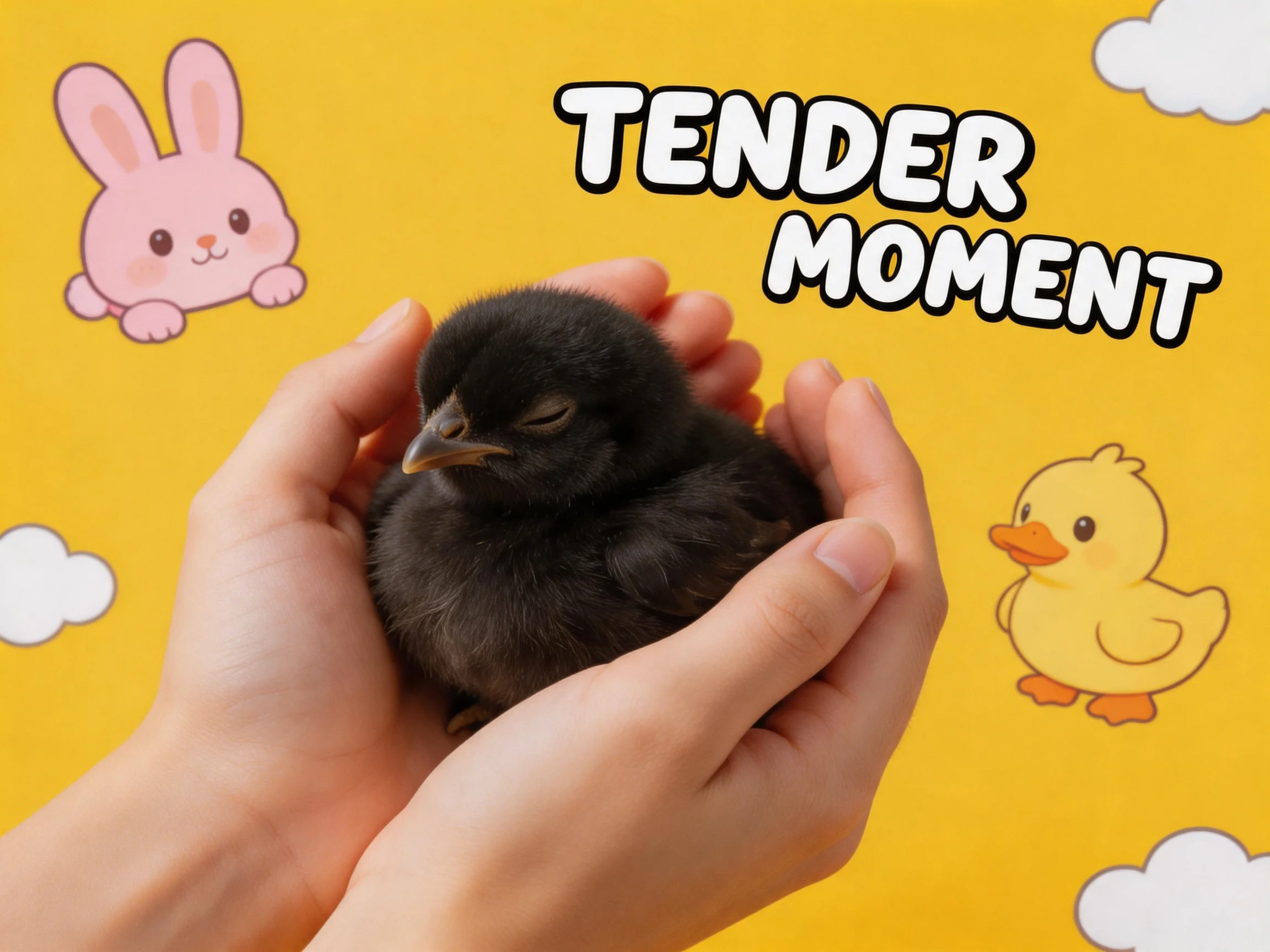 Hands cradling a tiny black chick amid cartoon animals on bright yellow backdrop