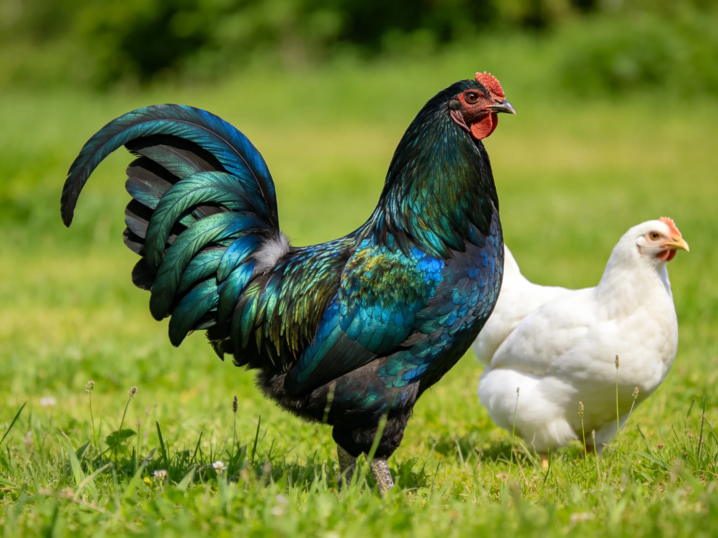 Iridescent blue-green rooster and white hen in sunlit grassy meadow