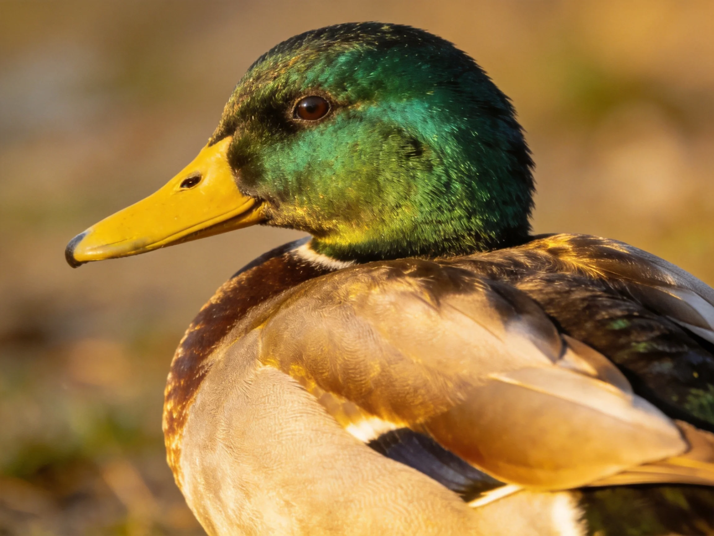 Iridescent green-headed duck with bright yellow bill and brown-tan plumage