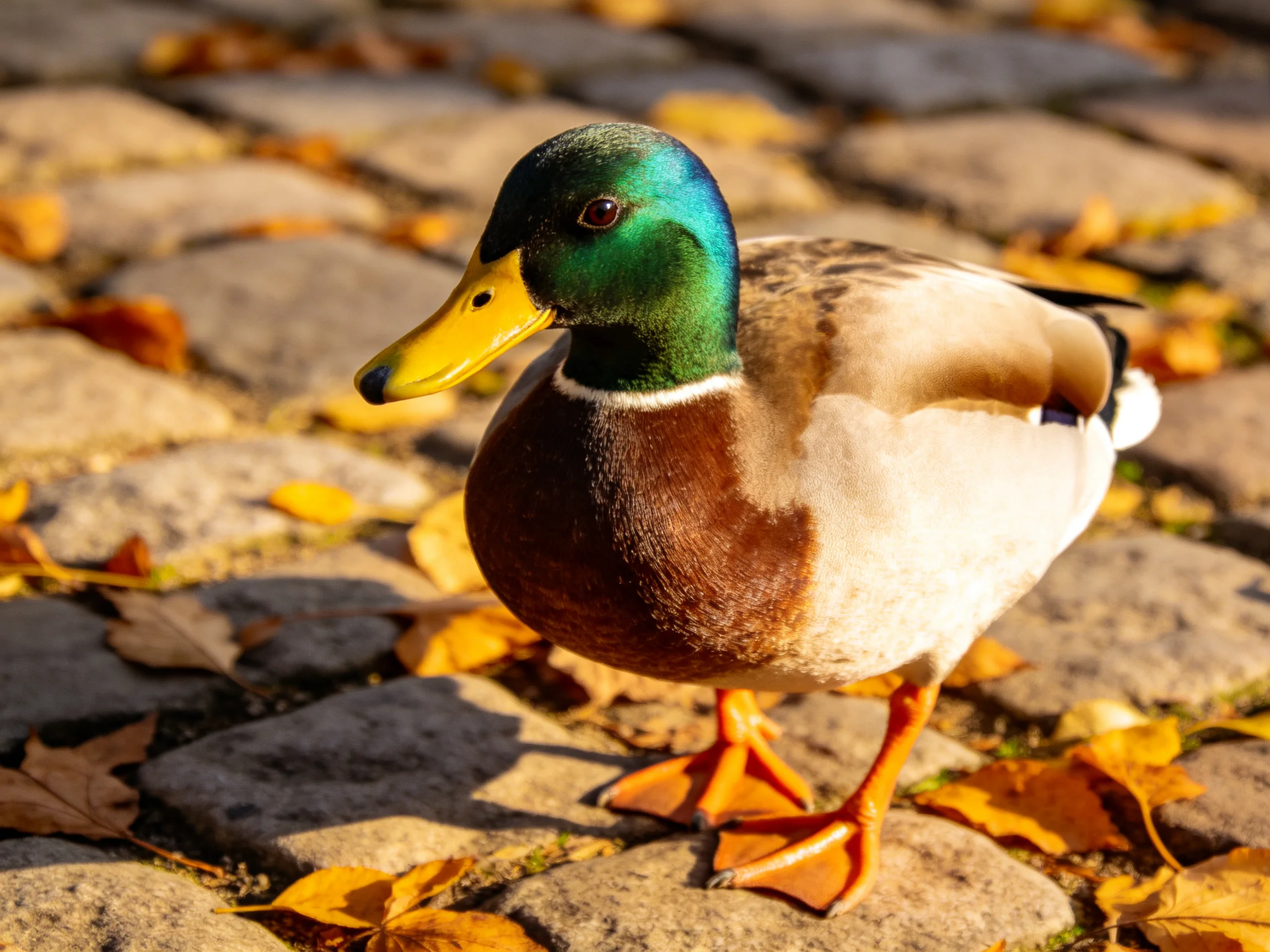 Iridescent green-headed mallard on cobblestone path with autumn leaves