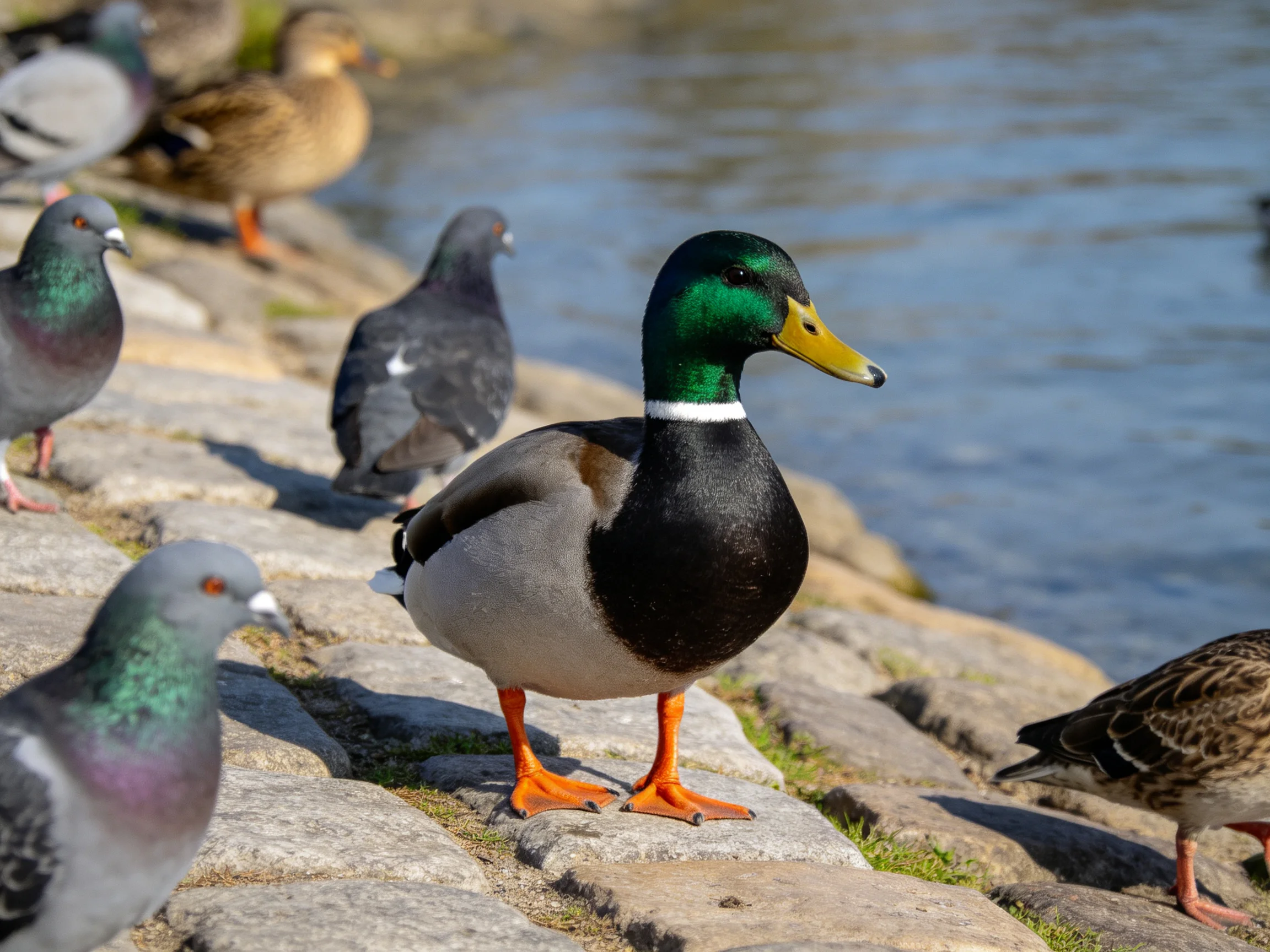 Mallard duck amid pigeons and ducks by a calm waterway