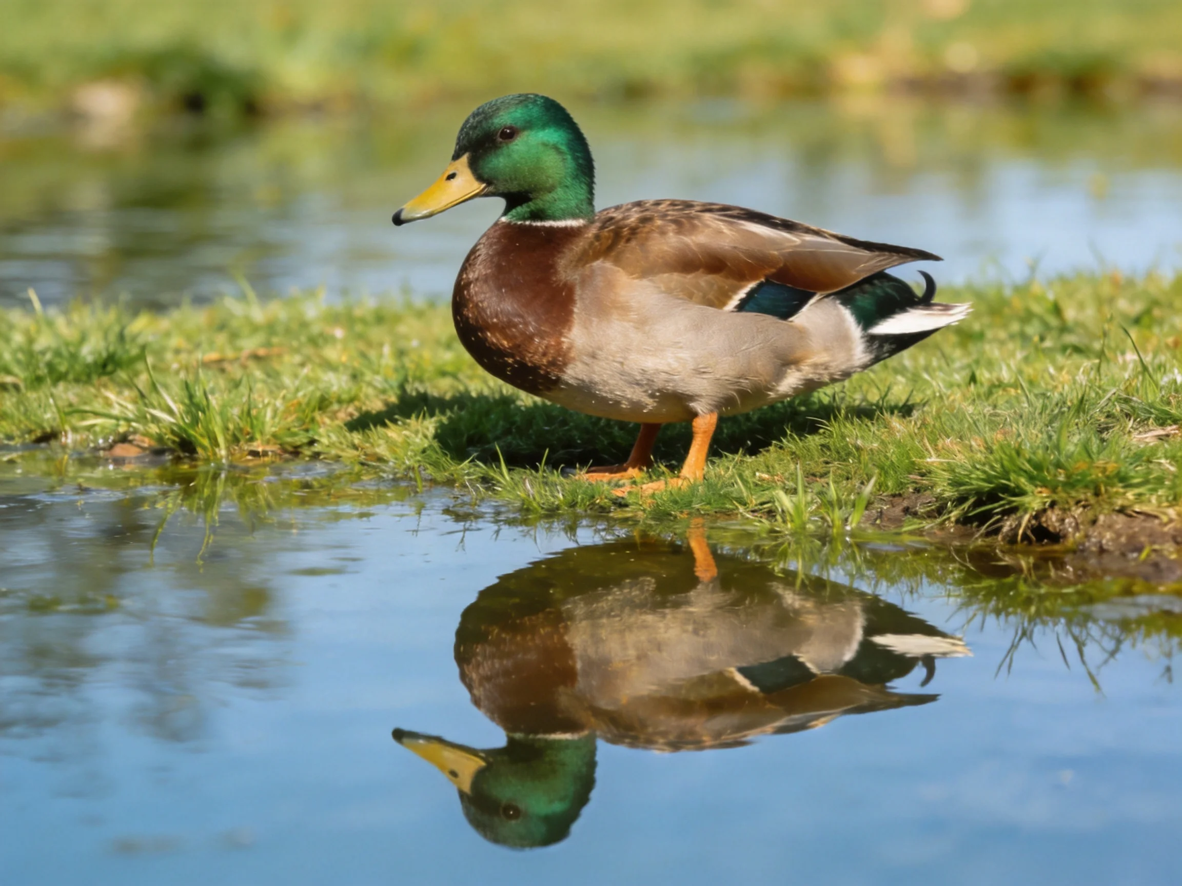 Mallard duck with green head, brown body near reflective water