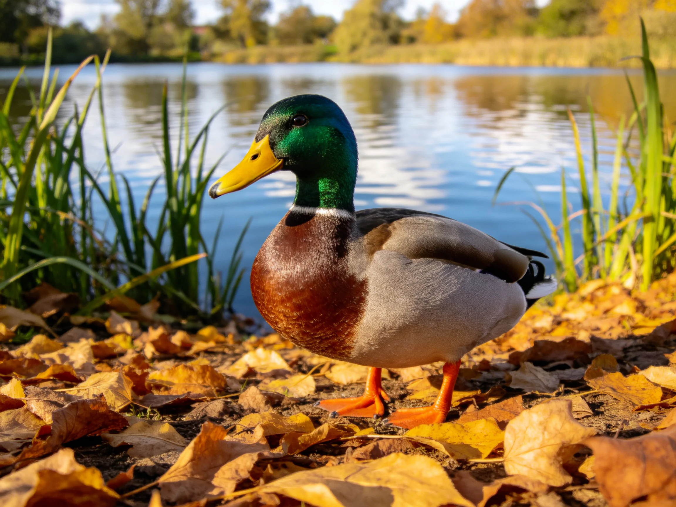 Mallard duck with green head, yellow beak, brown chest on autumn leaves by water