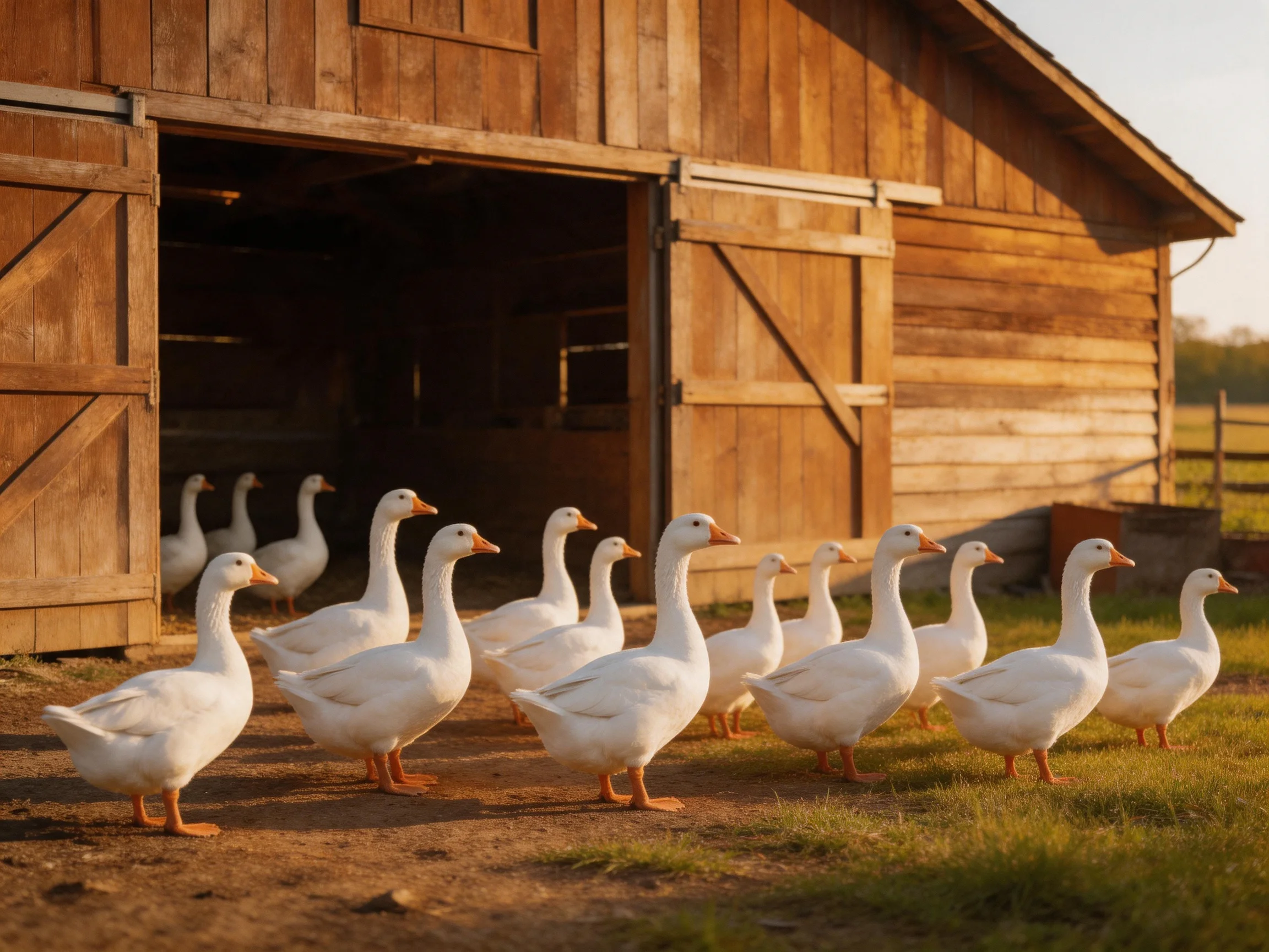 Many white geese exit an aged wooden barn into golden light