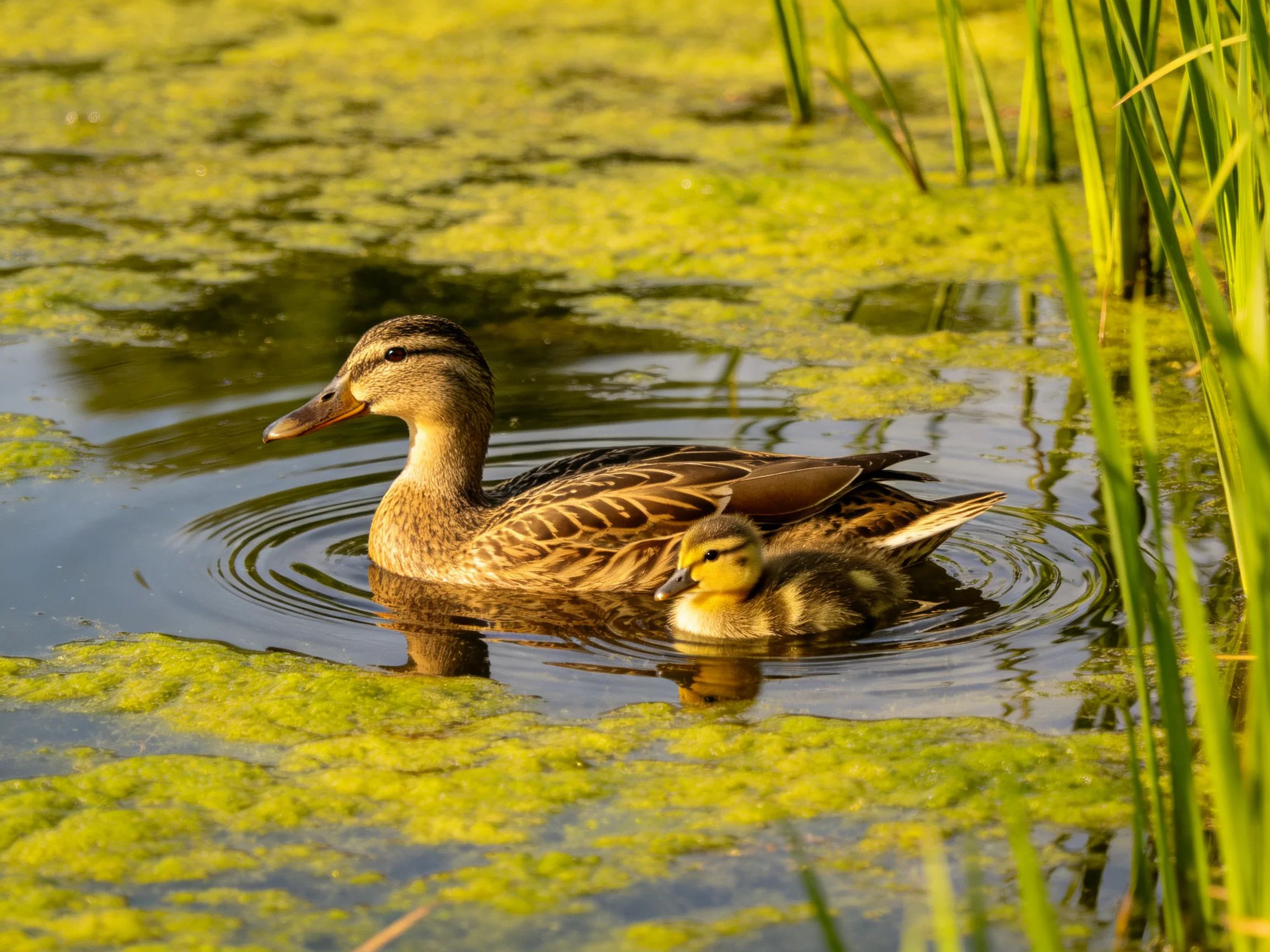 Mother duck and duckling swim amid green algae and tall reeds