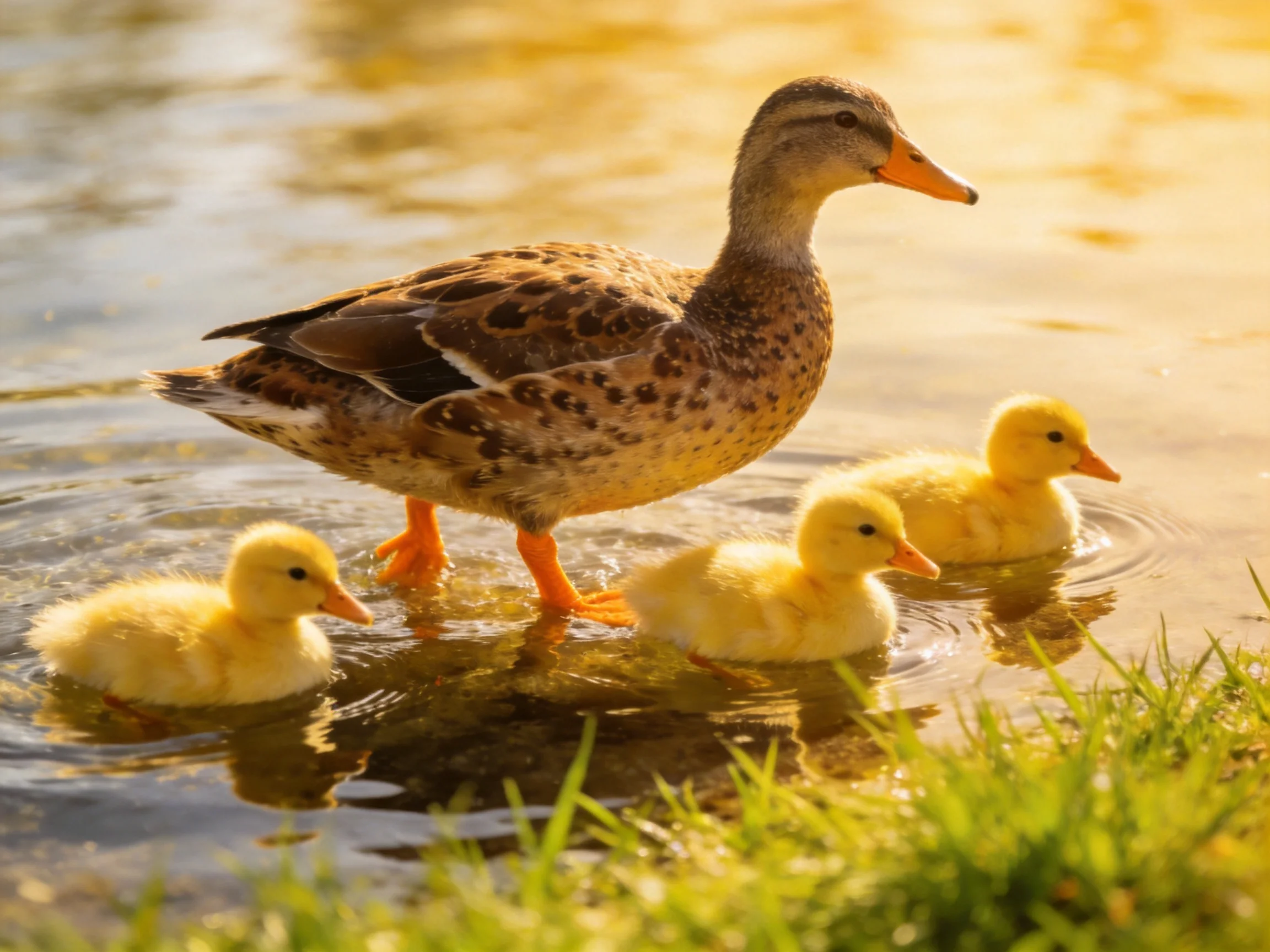 Mother duck swimming with three yellow ducklings in calm water near green grass