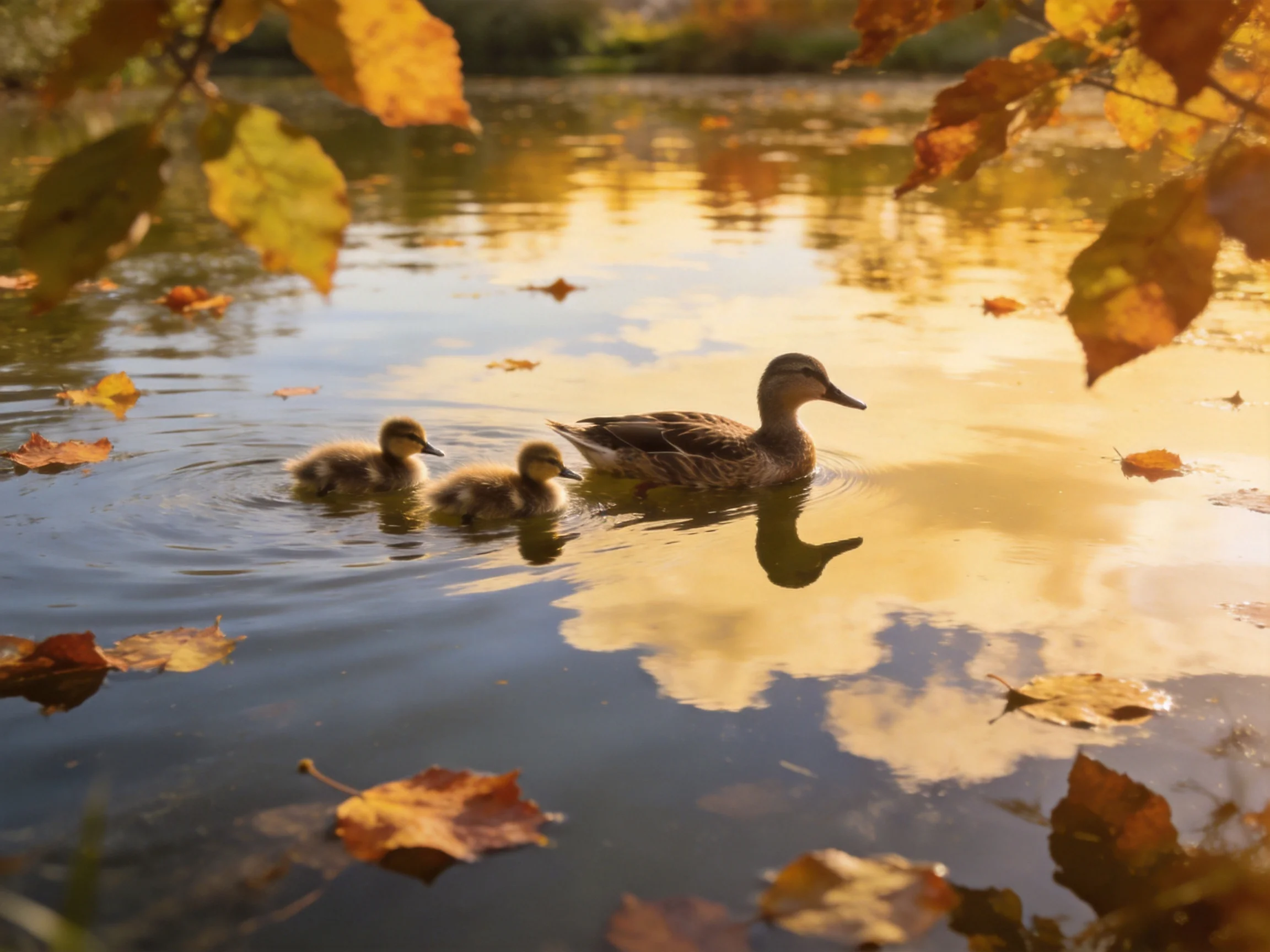 Mother duck swims with two ducklings among golden autumn leaves on calm water