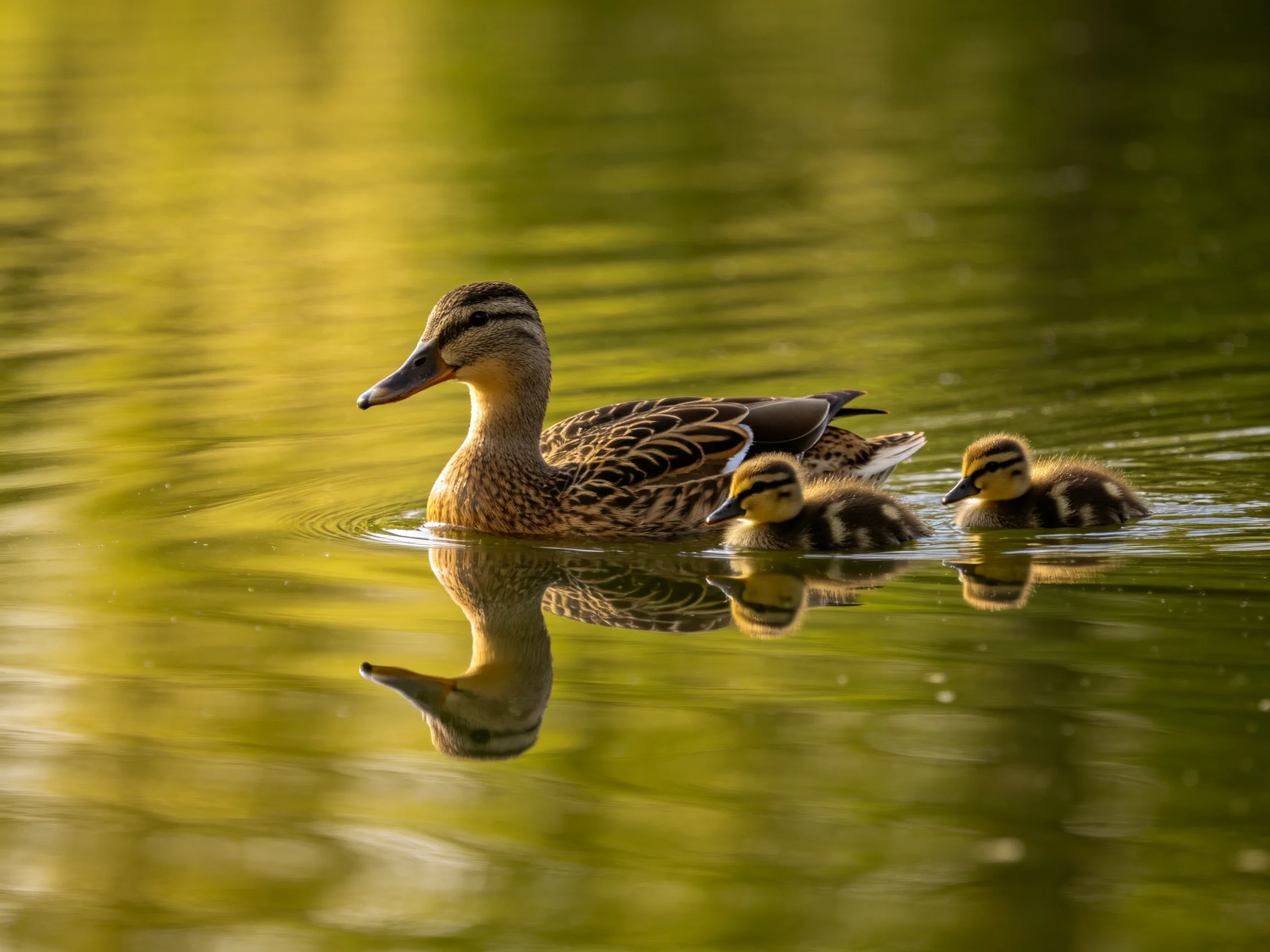 Mother duck swims with two ducklings in golden-hued water