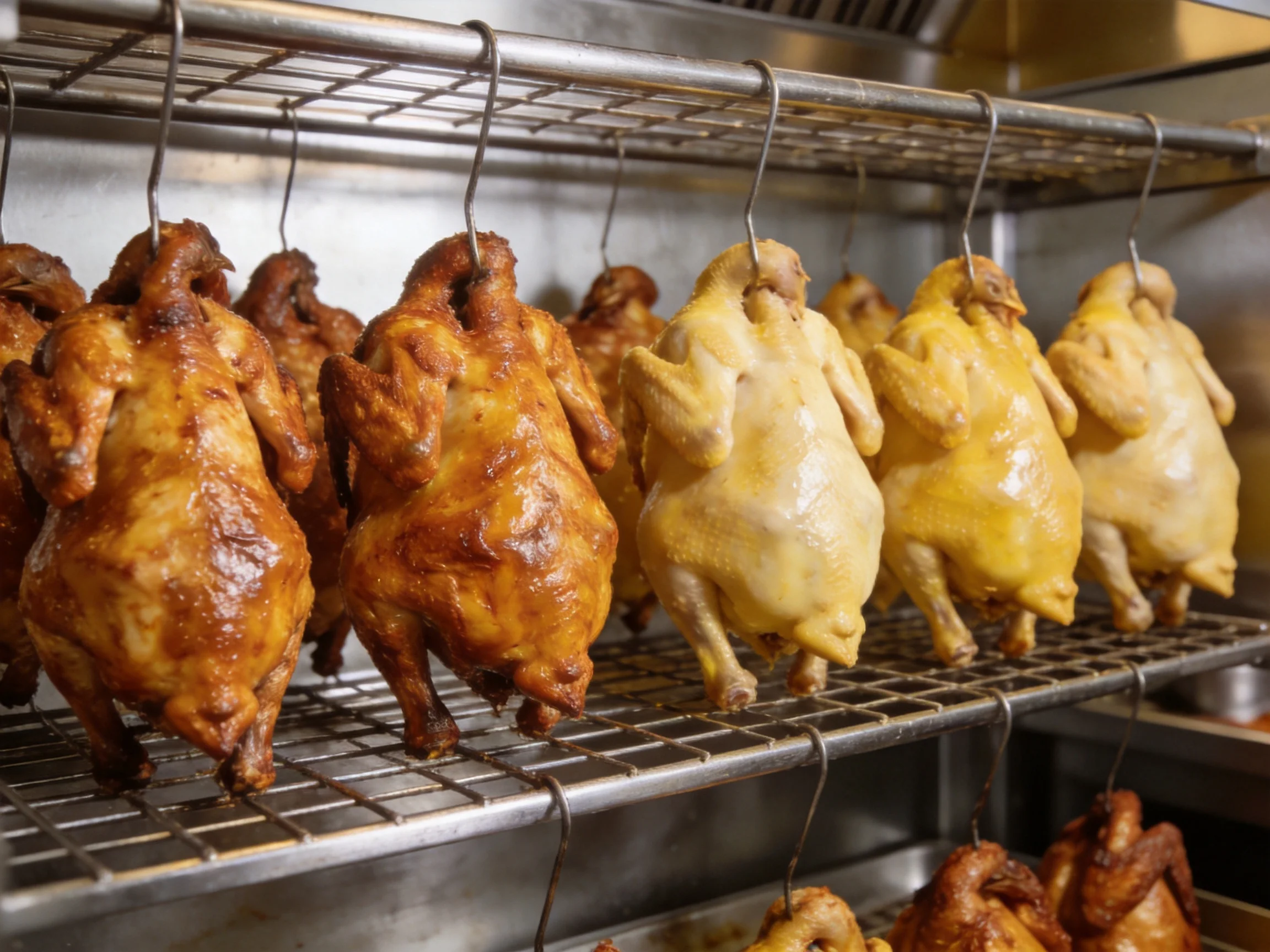 Multiple chickens hang roasted on metal racks in commercial kitchen