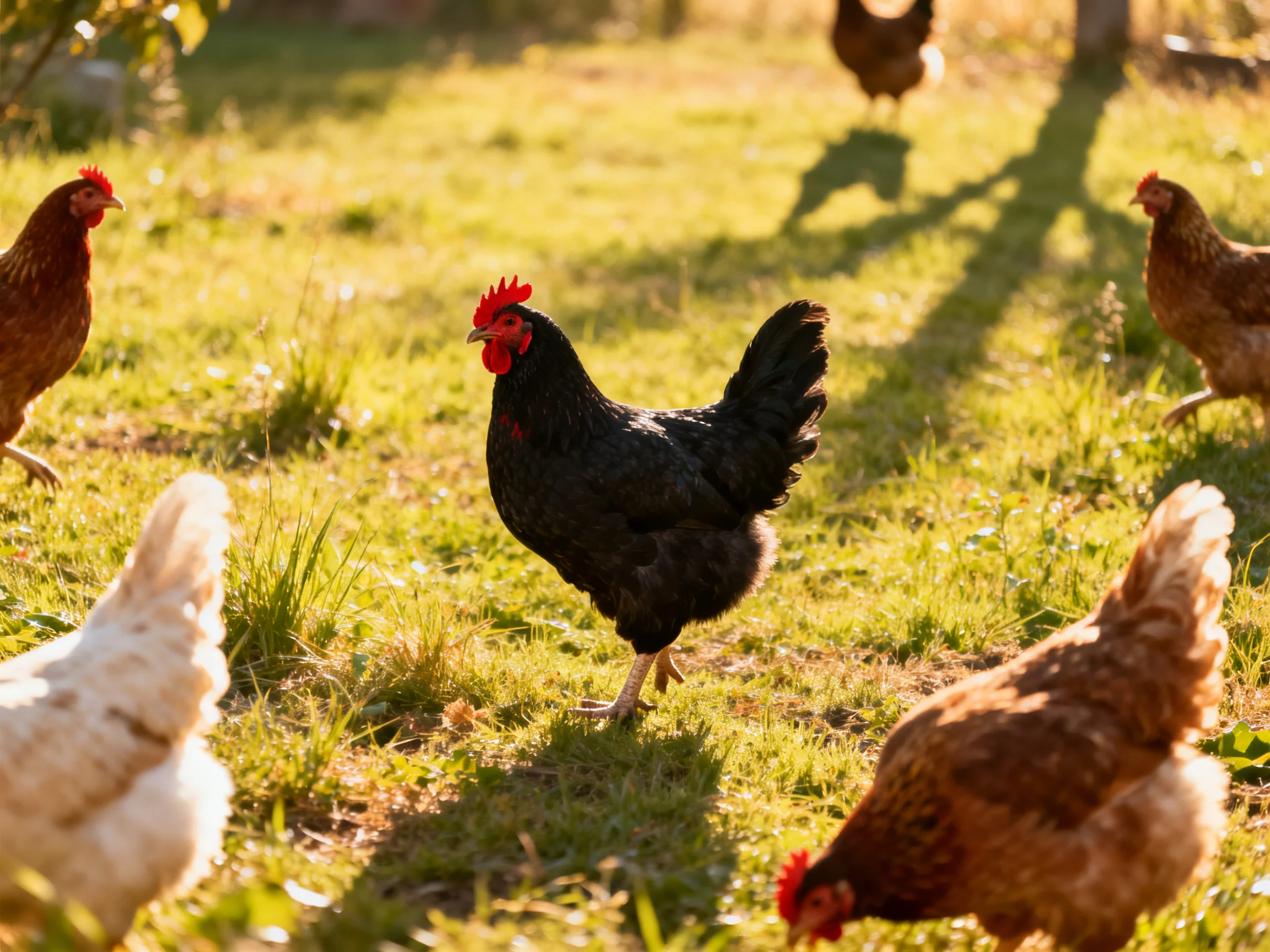 Multiple chickens of varied colors exploring a sunlit grassy field
