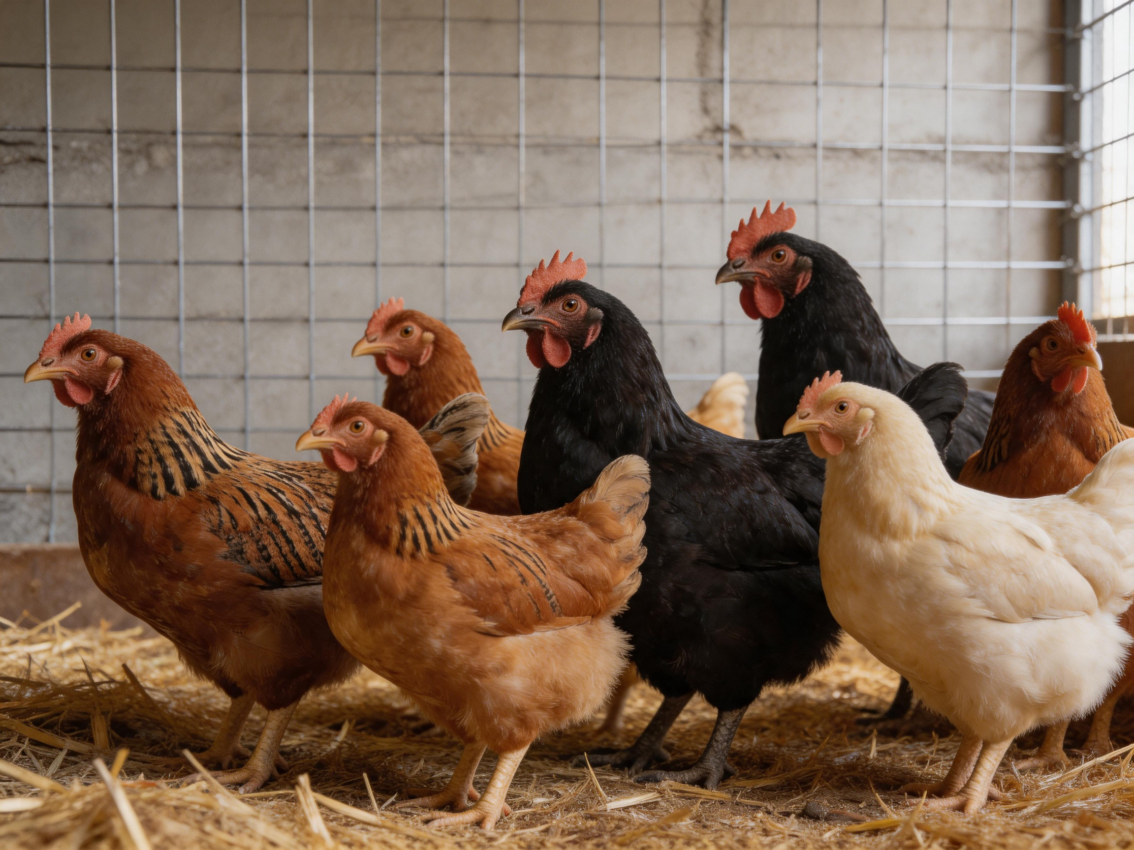 Multiple chickens of varied colors in a wire-enclosed space with straw bedding