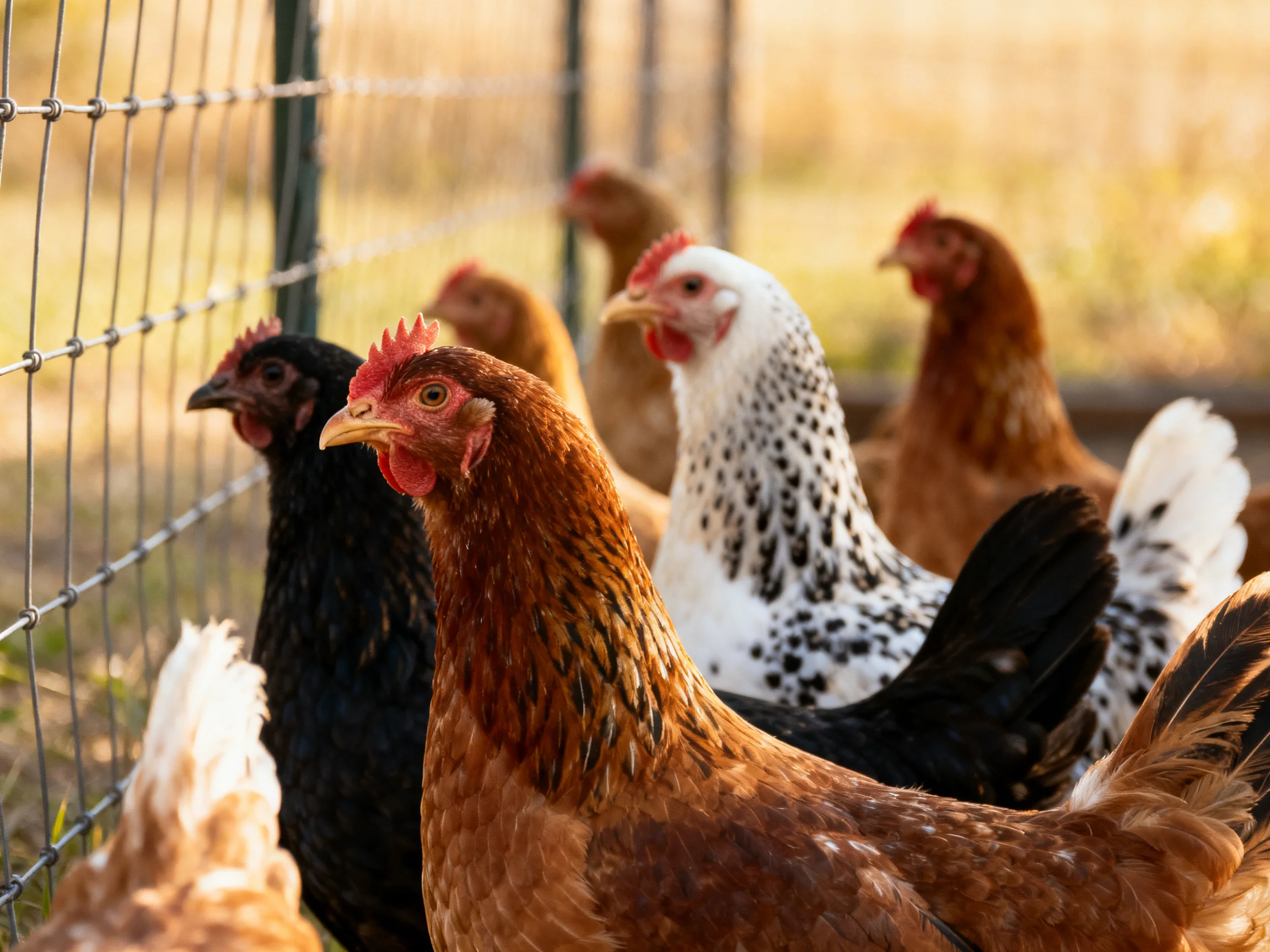 Multiple chickens of varied colors near an outdoor wire fence