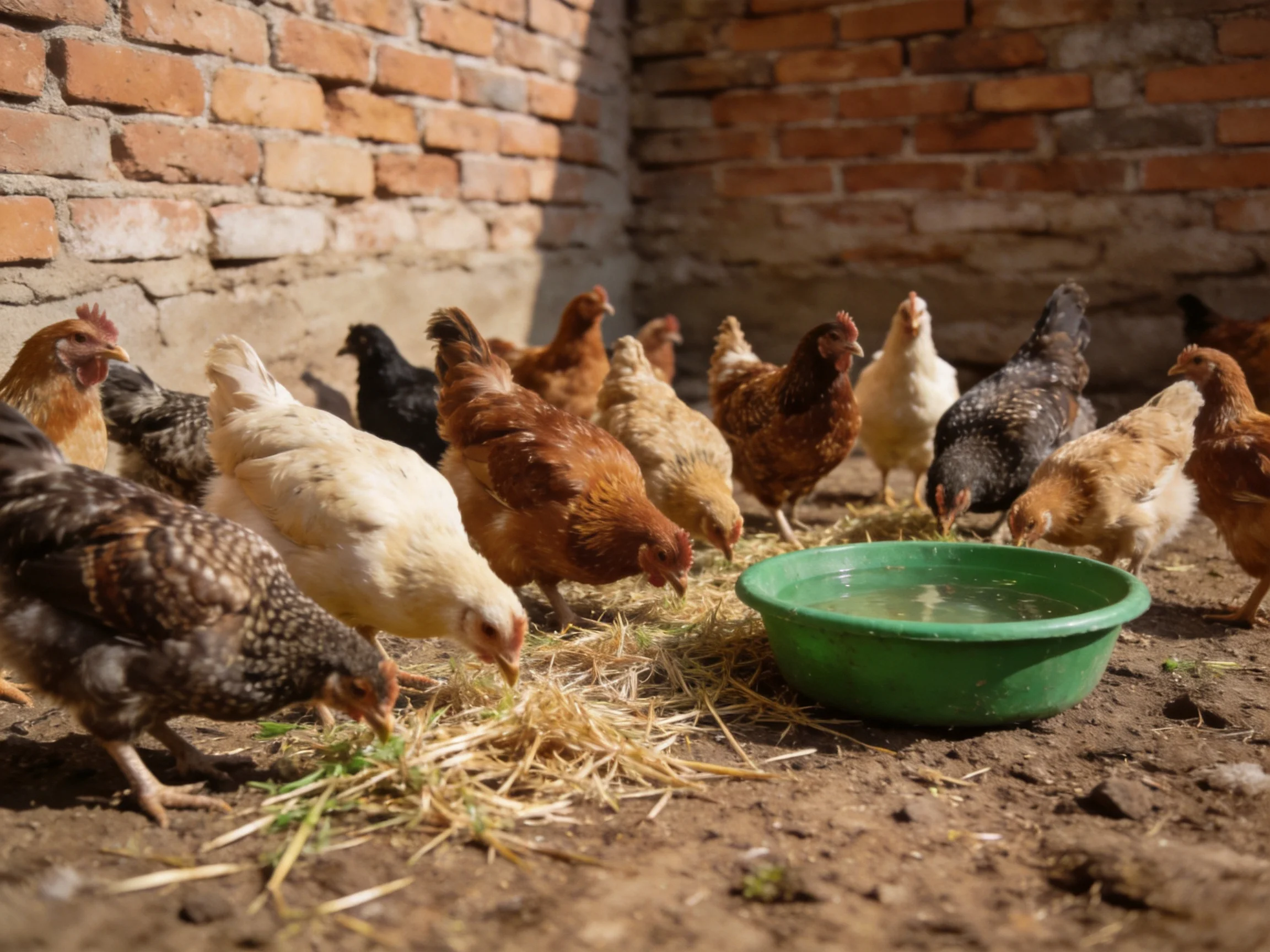 Multiple colored chickens gather around straw and green bowl near brick walls