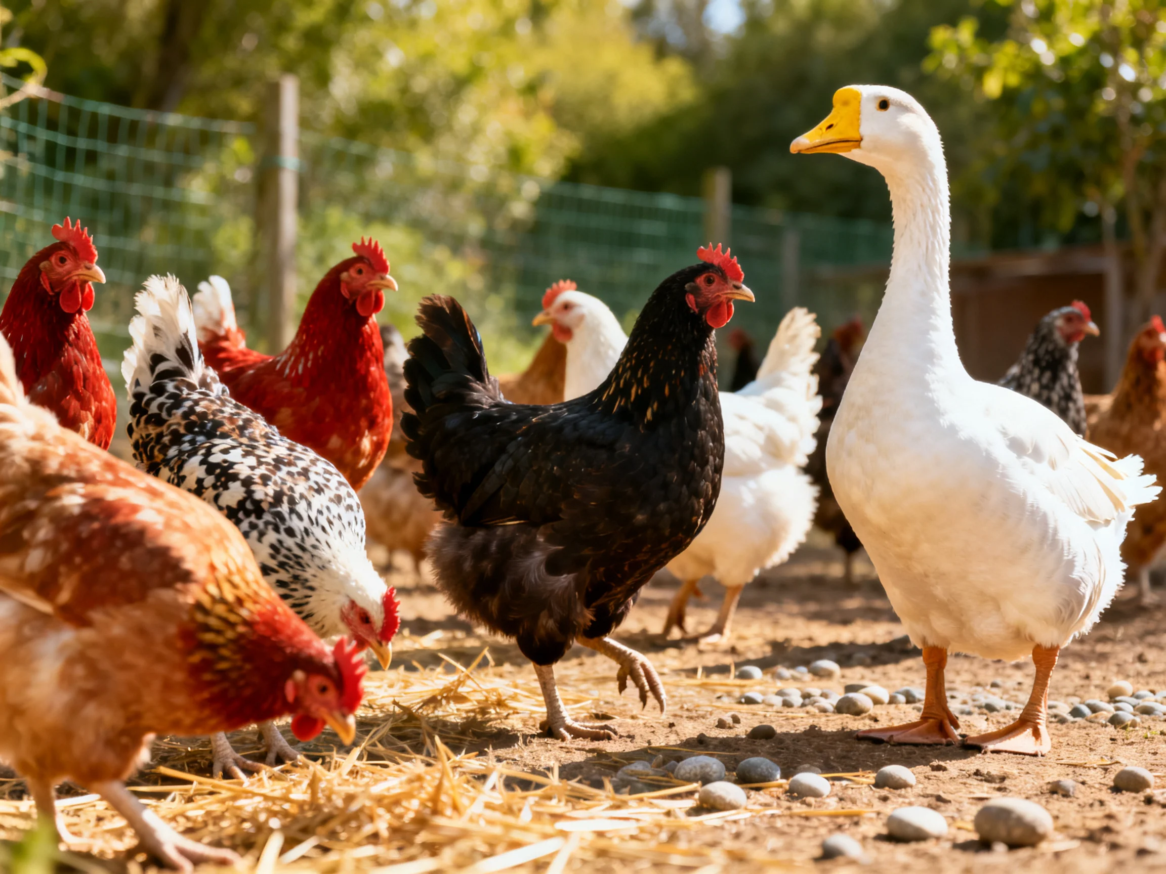 Multiple colorful chickens and a white goose in an outdoor farm enclosure