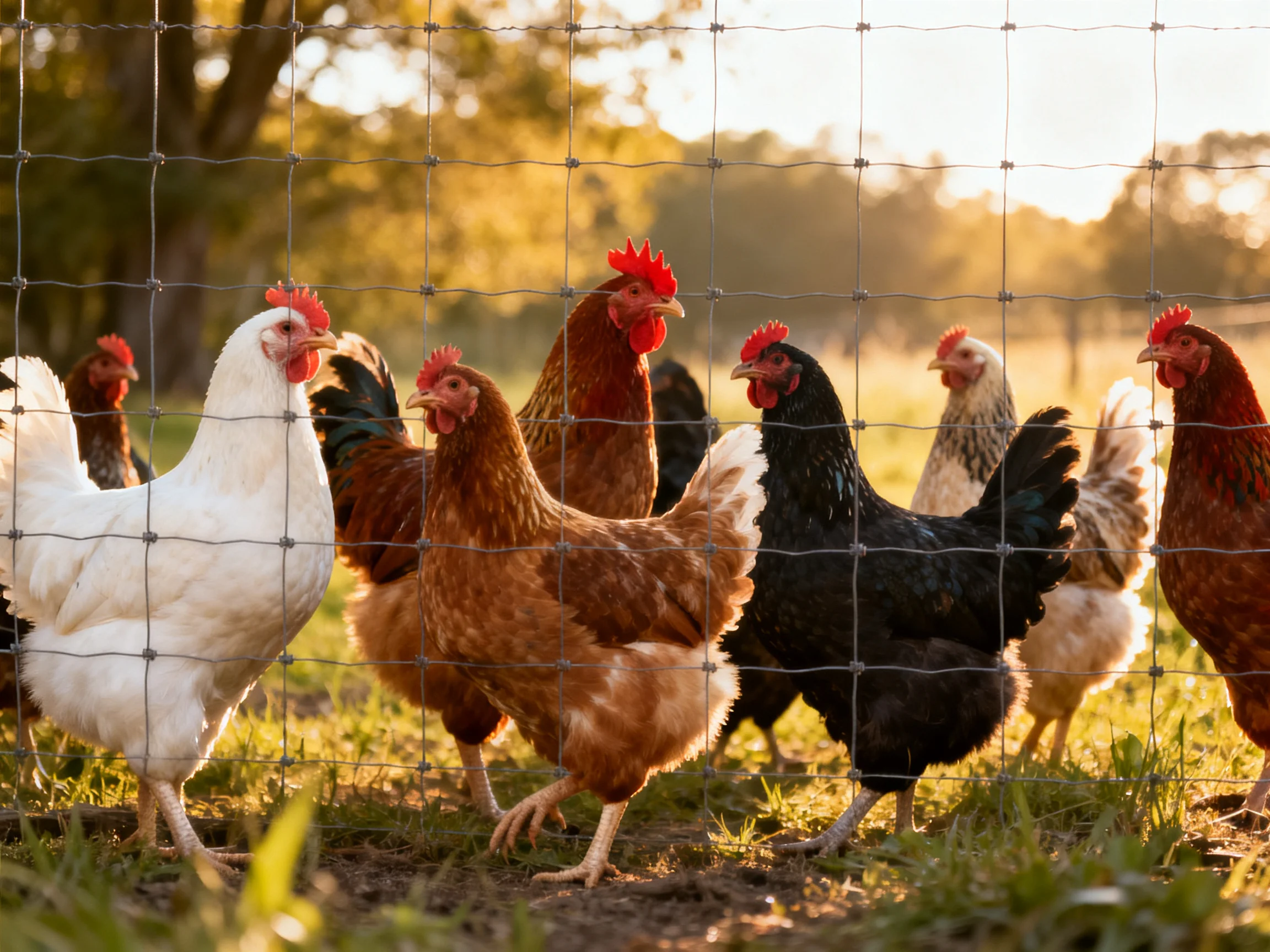 Multiple colorful chickens gathered behind a wire fence in golden sunlight