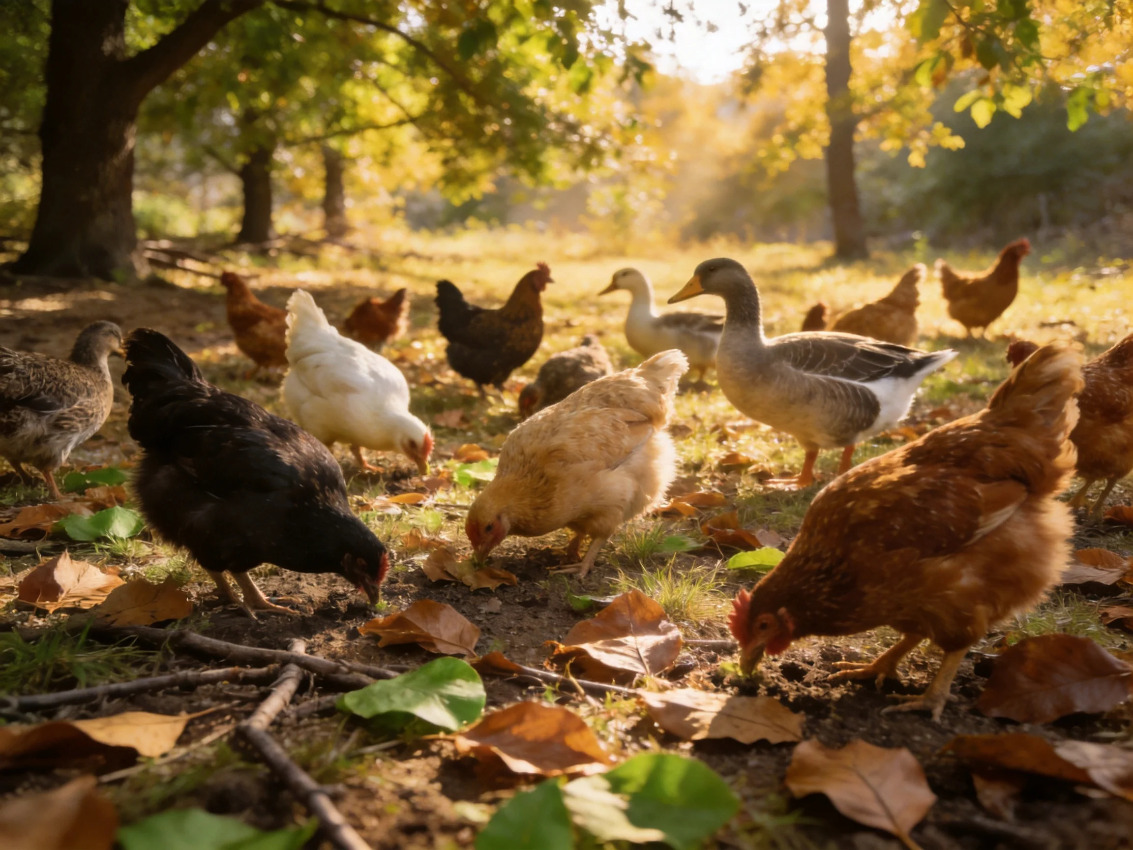 Multiple colorful poultry forage in a sunlit forest clearing with scattered leaves