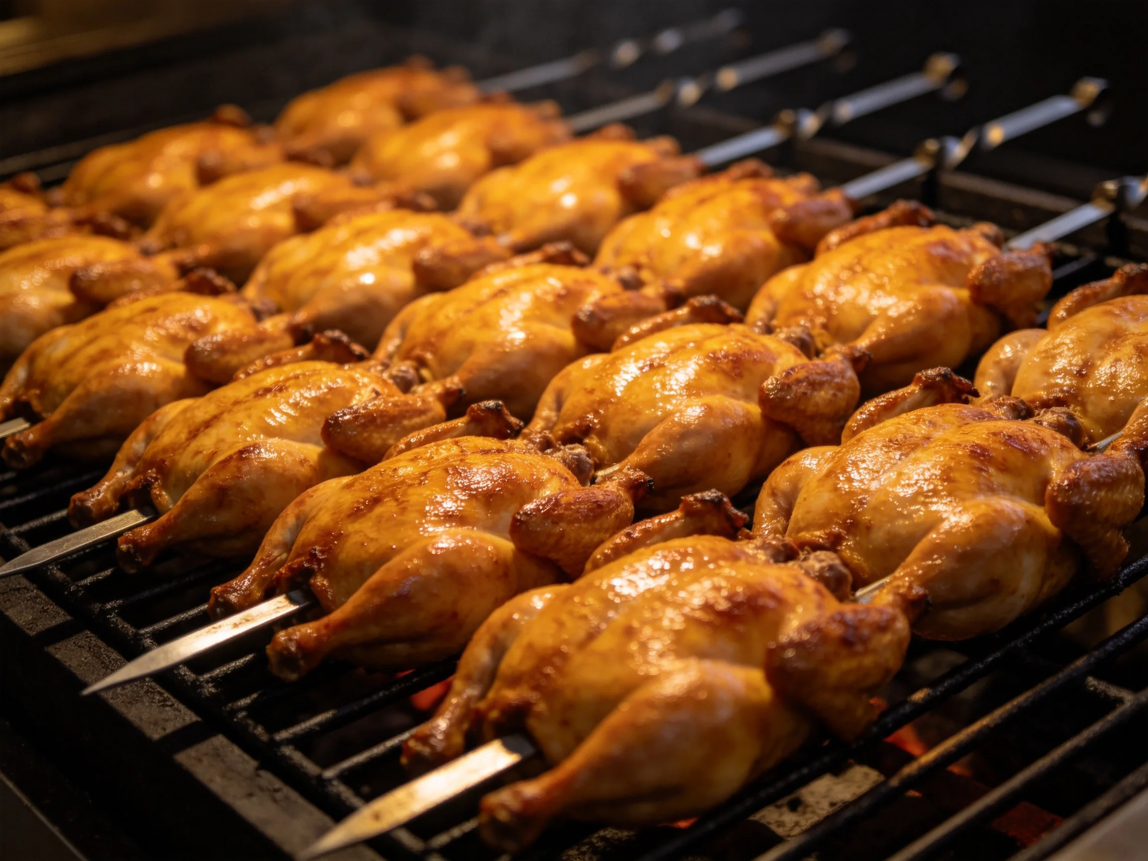 Multiple golden-brown birds roasting on skewers over an open flame grill