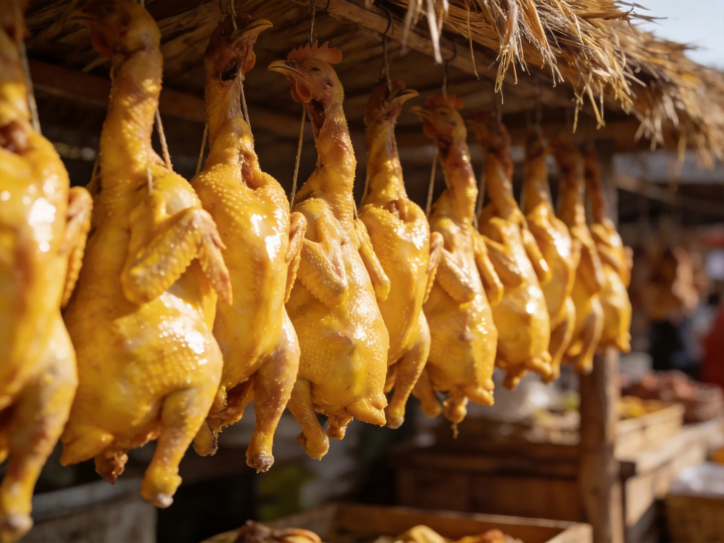 Multiple golden-roasted chickens hang from strings under straw-covered shelter