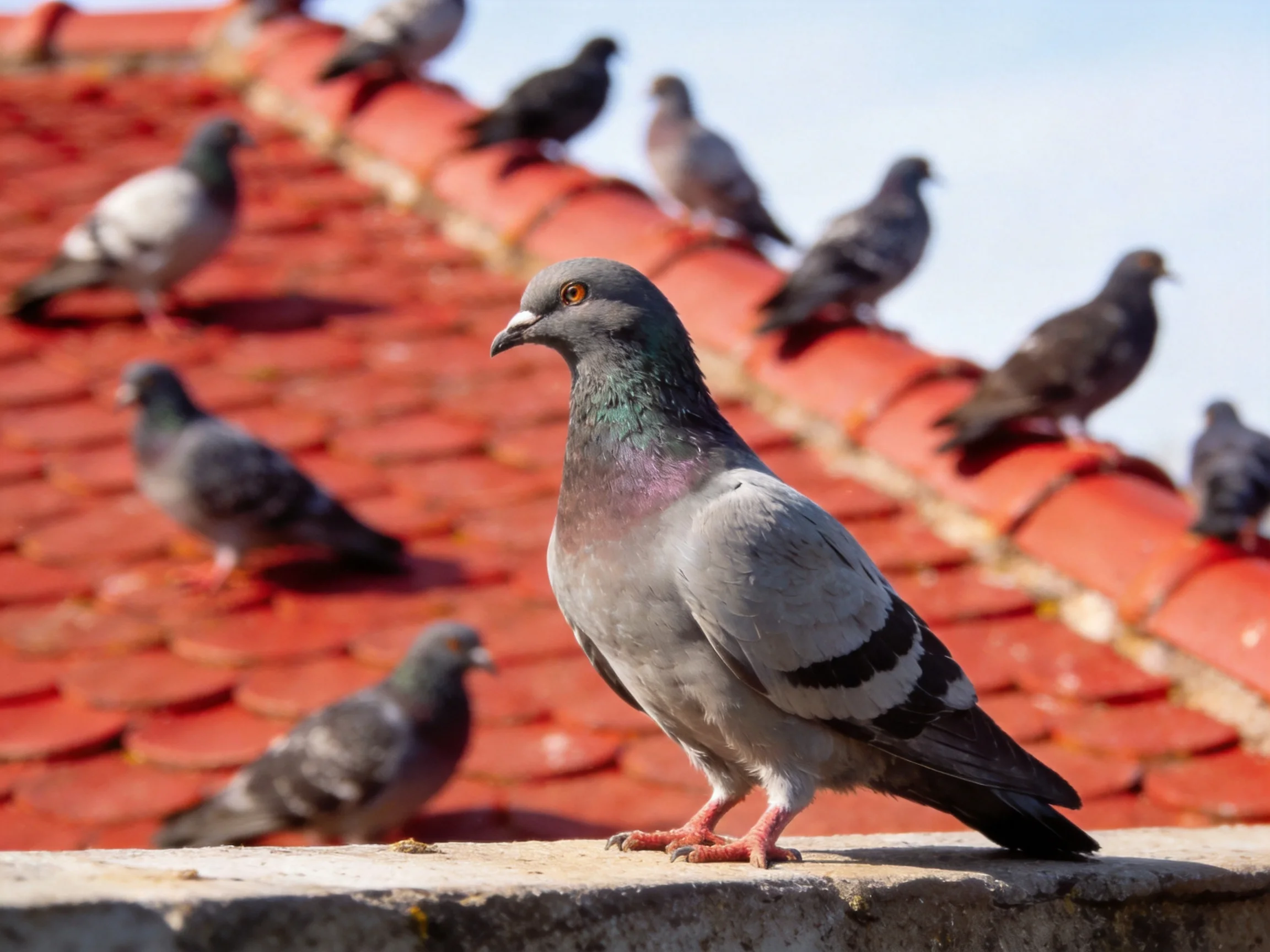 Multiple pigeons gather on red tiled rooftops; one pigeon stands prominently