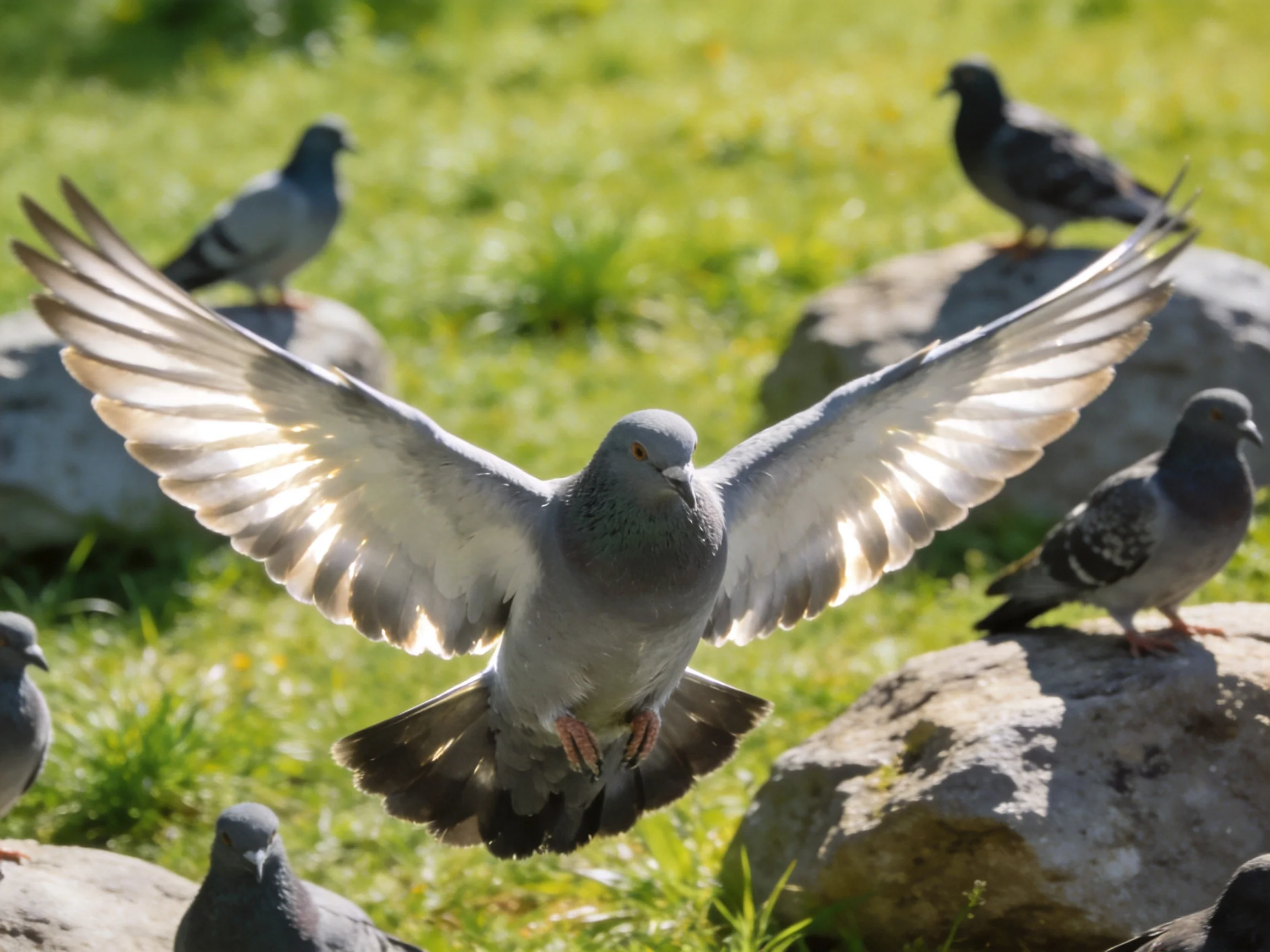 Multiple pigeons gather on rocks with one flying over grassy terrain