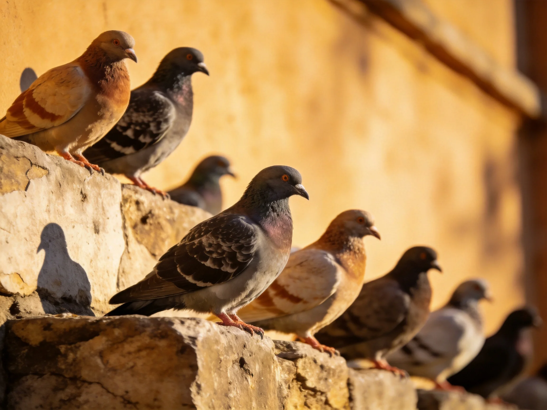 Multiple pigeons of diverse colors sit on an aged stone ledge