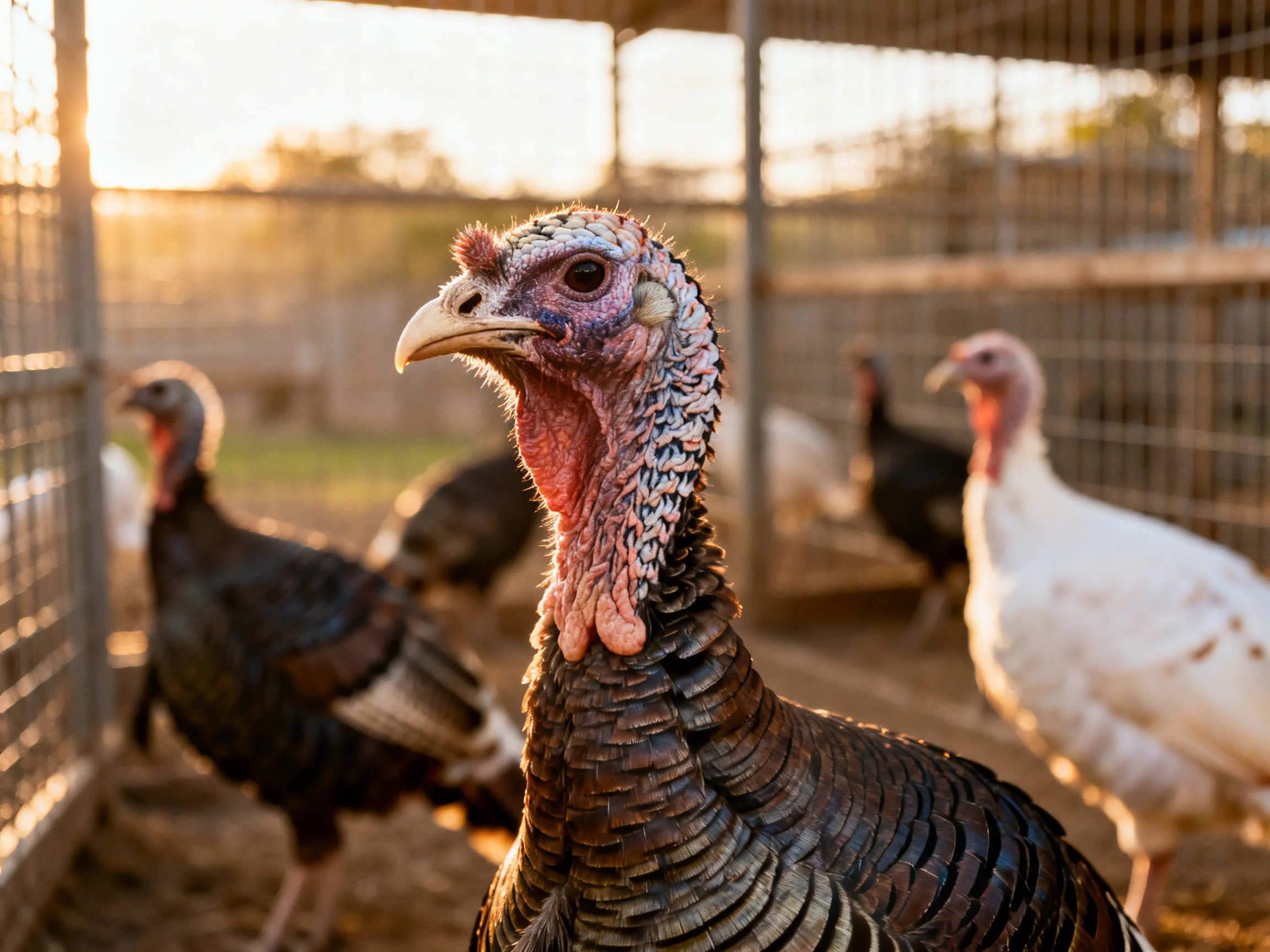 Multiple turkeys of varied hues in an outdoor pen under golden sunlight