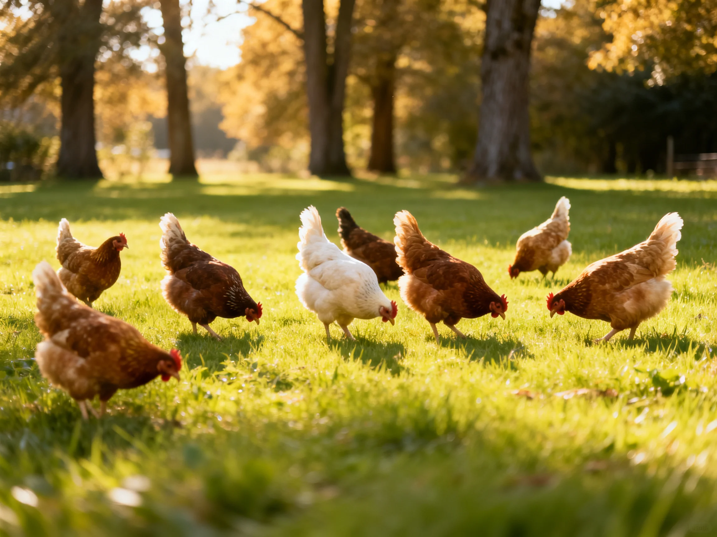 Nine chickens of mixed brown and white forage in a sunlit grassy field