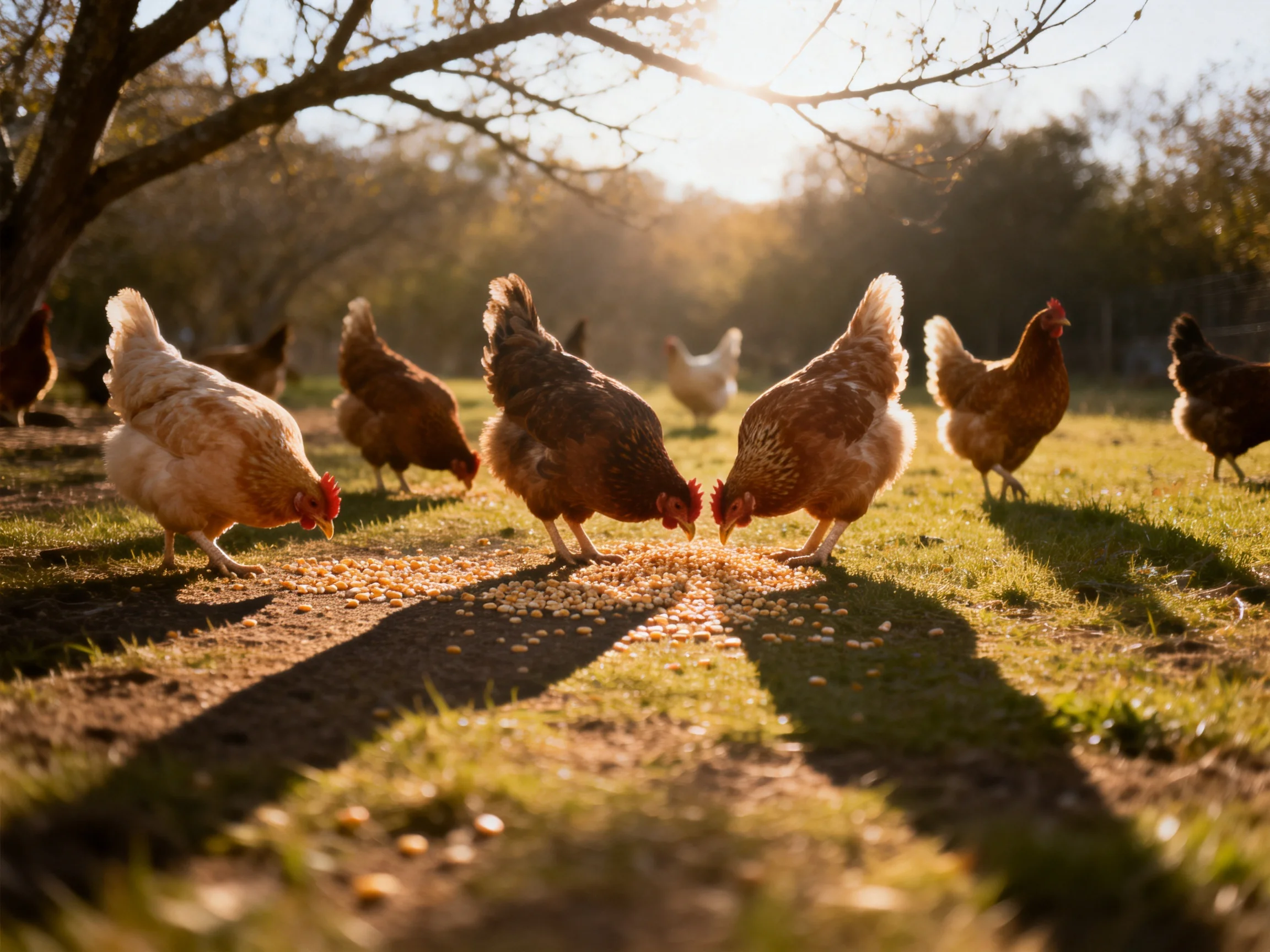 Nine chickens of mixed colors pecking seeds in a sunlit farmyard