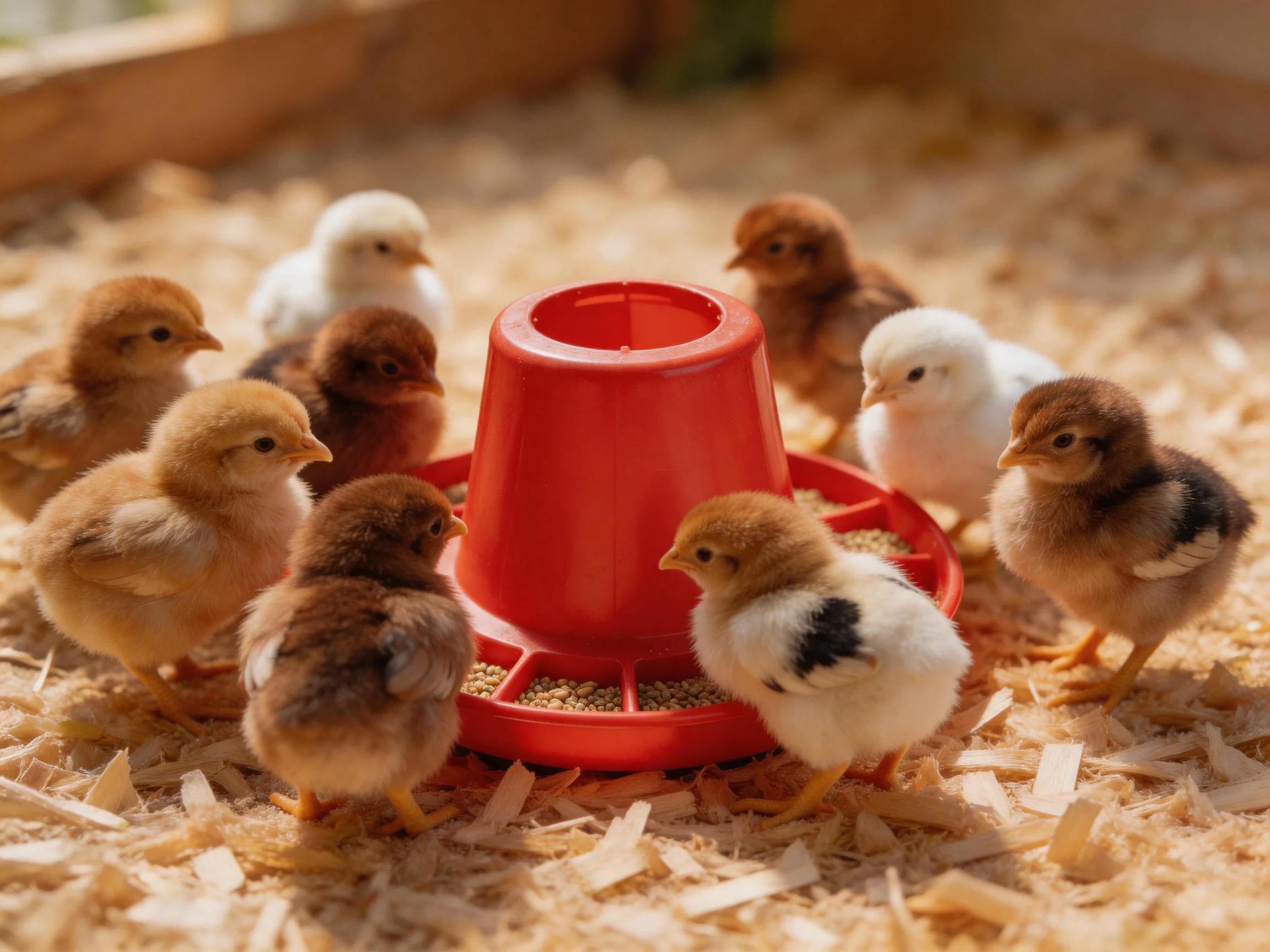 Nine chicks of varied colors gather around a bright red feeder on wood shavings