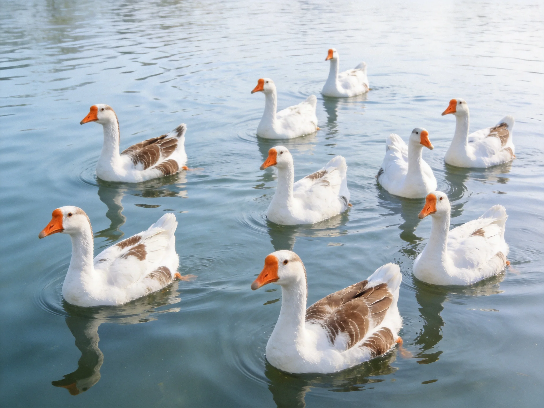 Nine white geese with brown markings swim in clear blue water