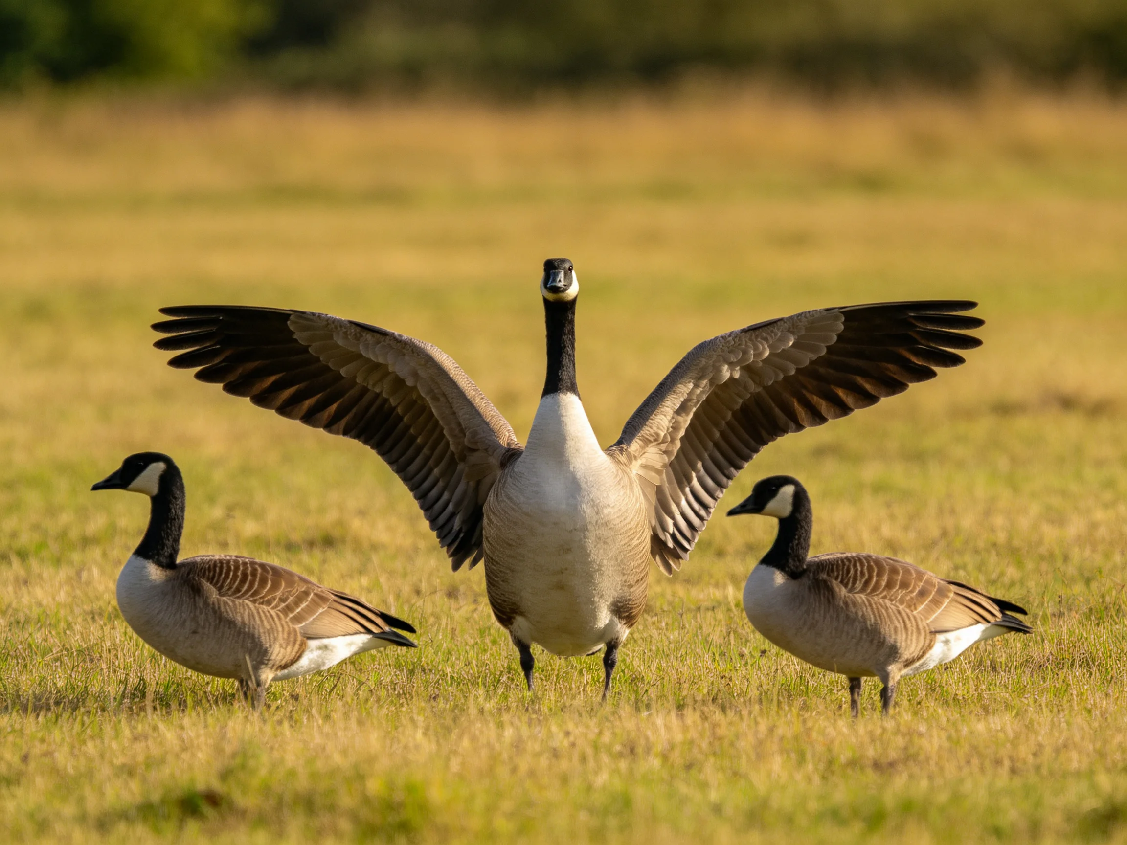 One Canada Goose spreads wings amid two companions in a golden field