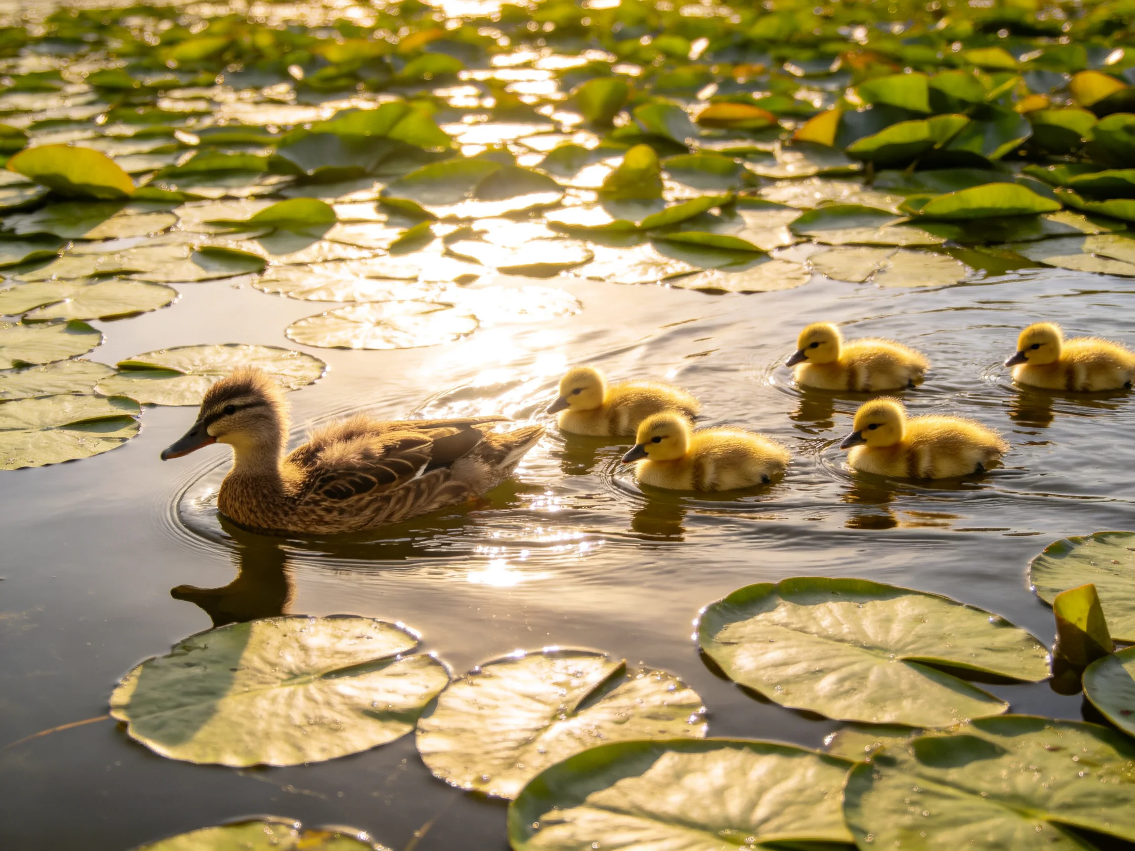One brown duck leads four yellow ducklings through lily pad-filled water