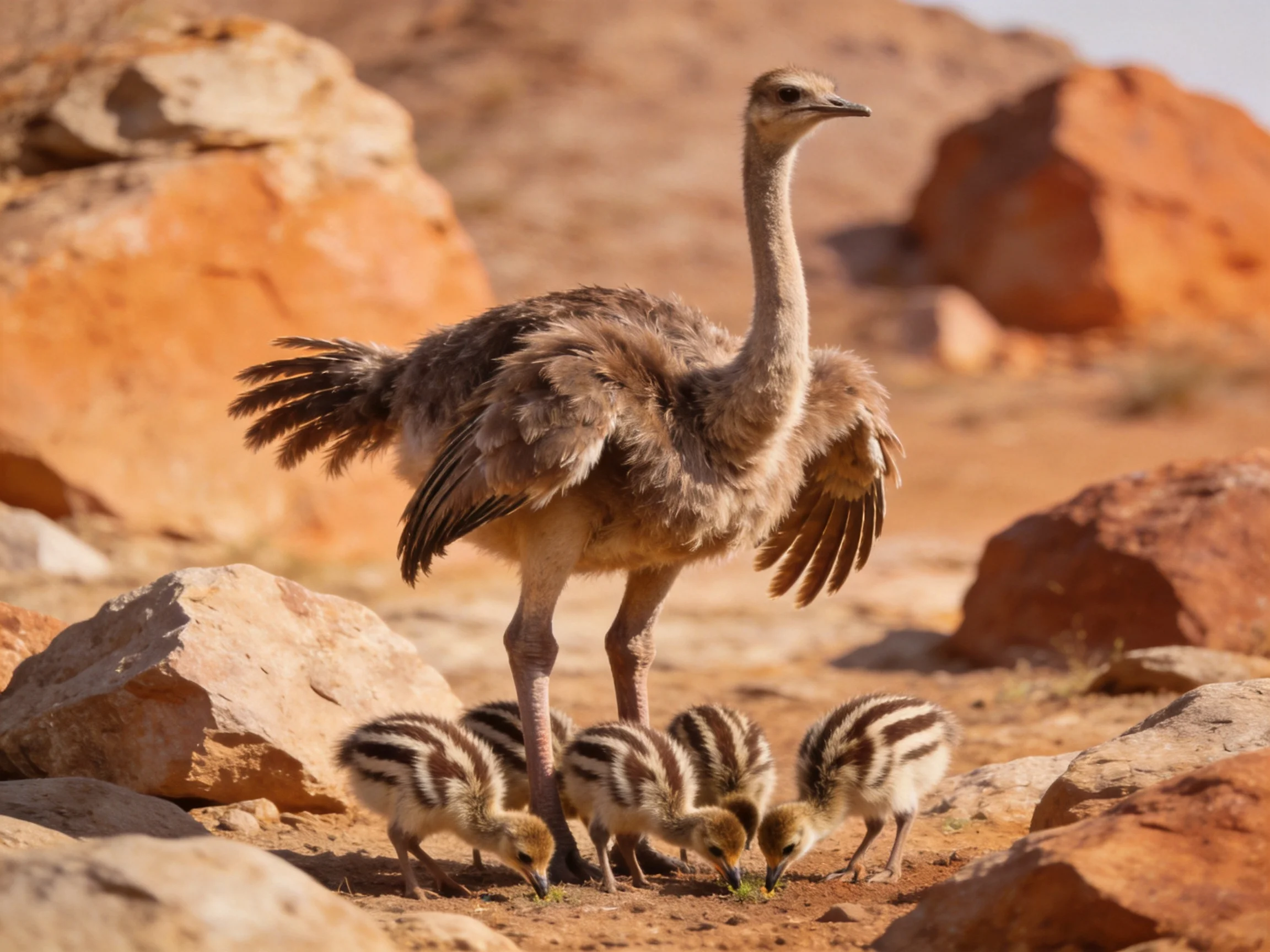 One large brown bird stands with four striped chicks near orange rocks