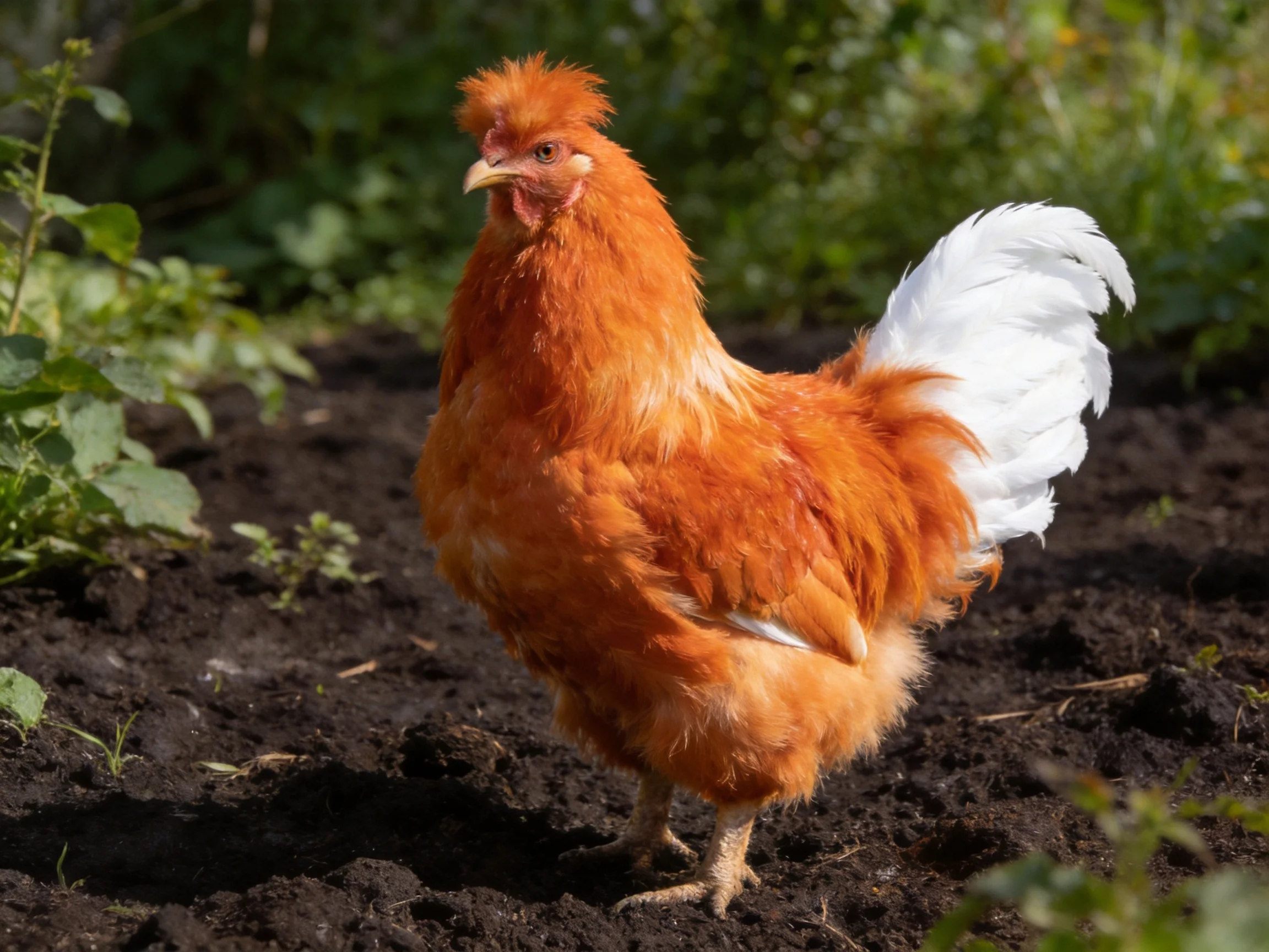 Orange-feathered chicken with white tail standing on dark soil among green vegetation
