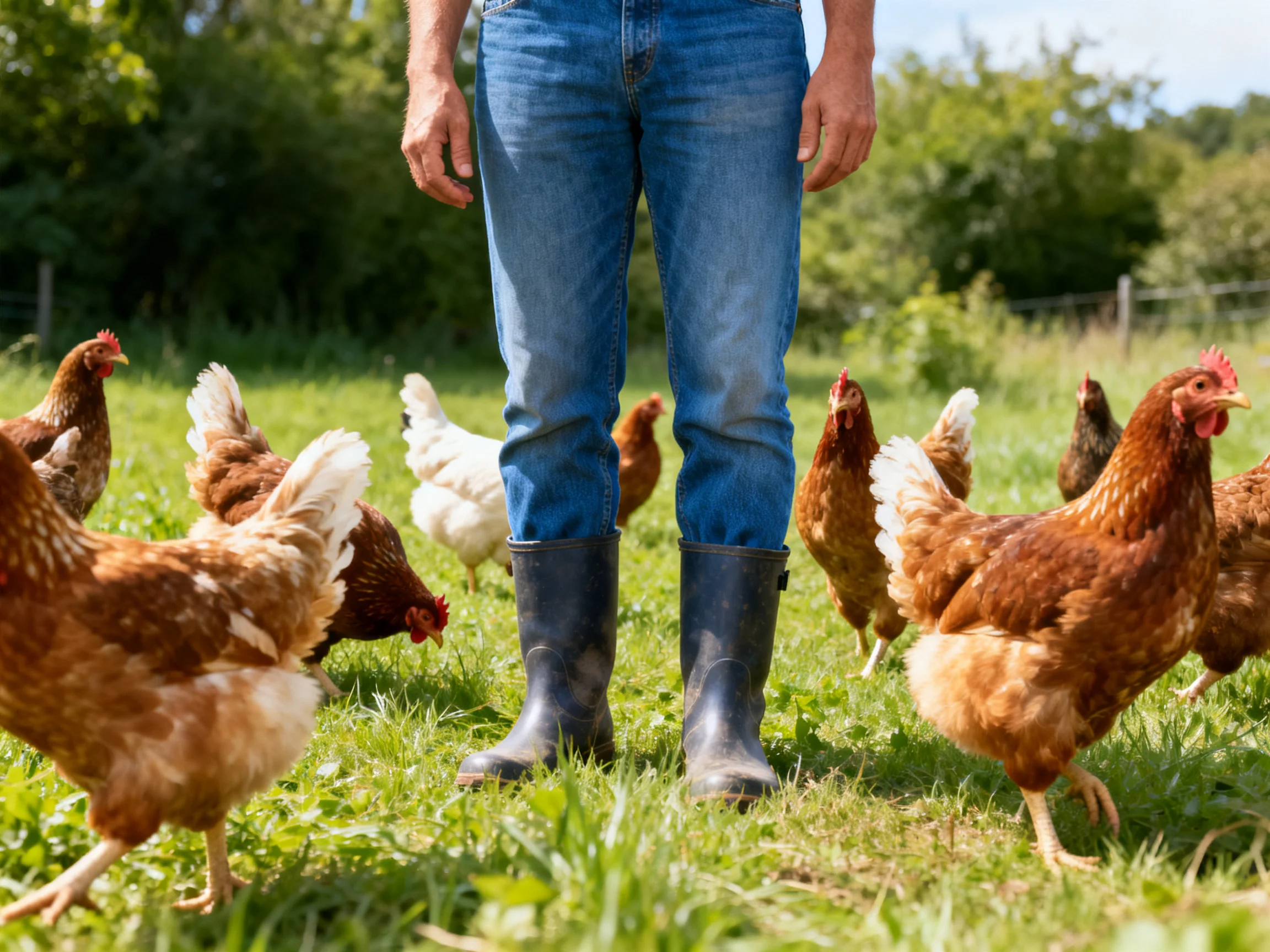 Person in blue jeans and black boots among numerous chickens in a sunny field