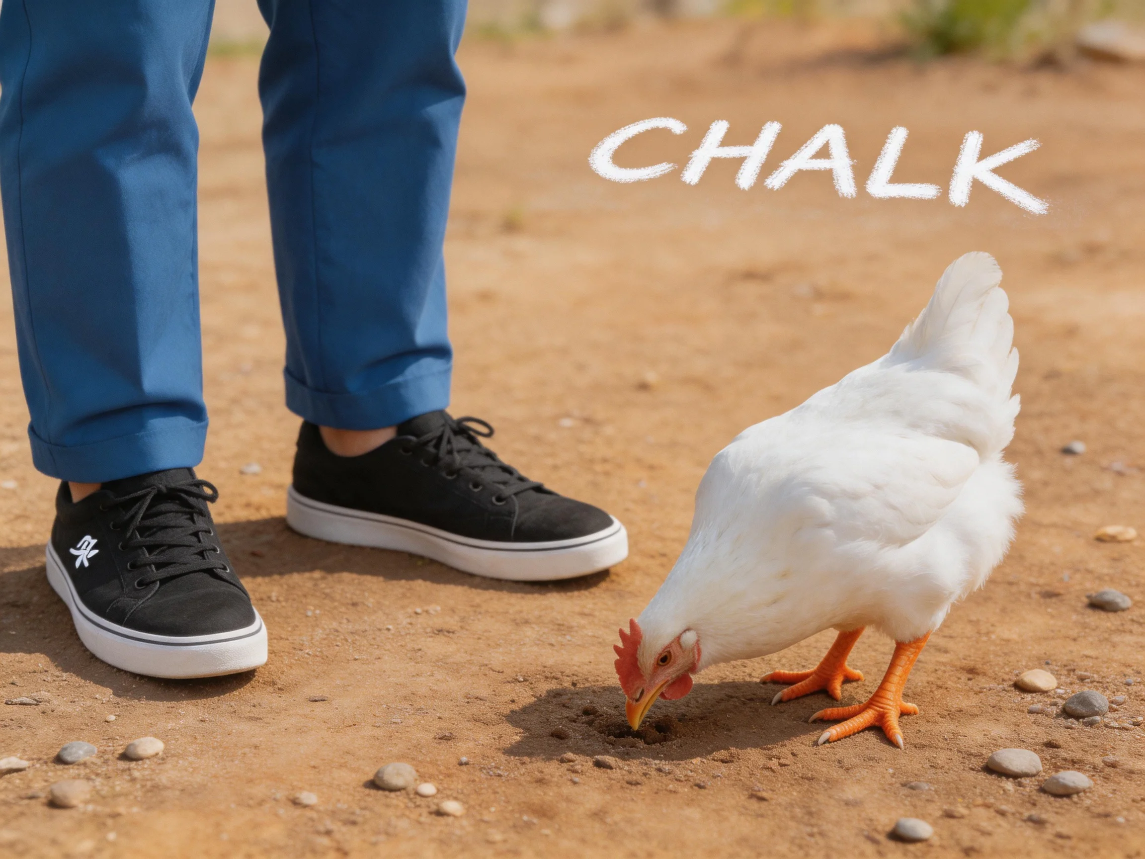 Person in blue pants nearwhite chicken on dusty ground with CHALK text