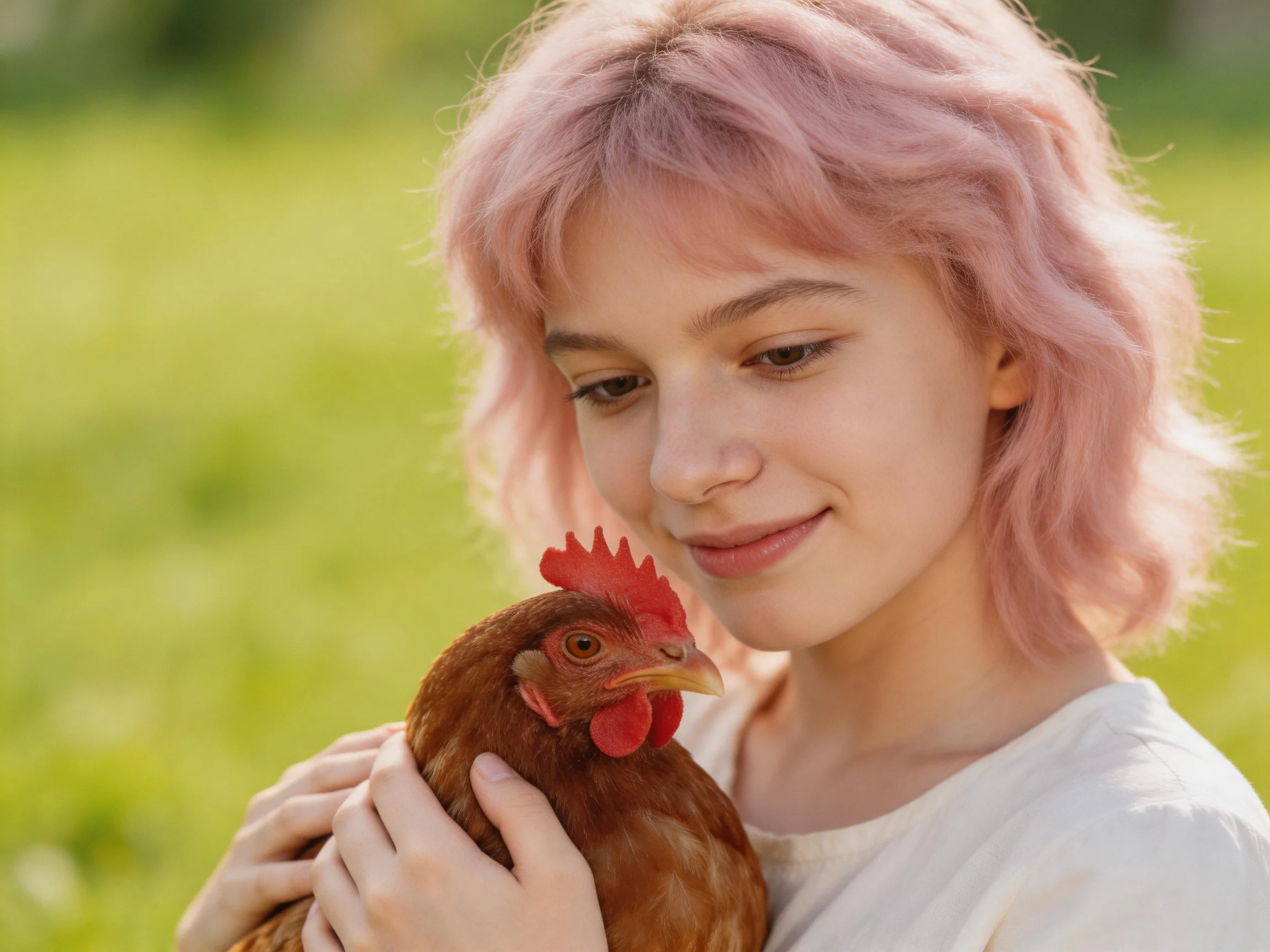 Person with pink hair cradles a brown chicken in a sunny green field