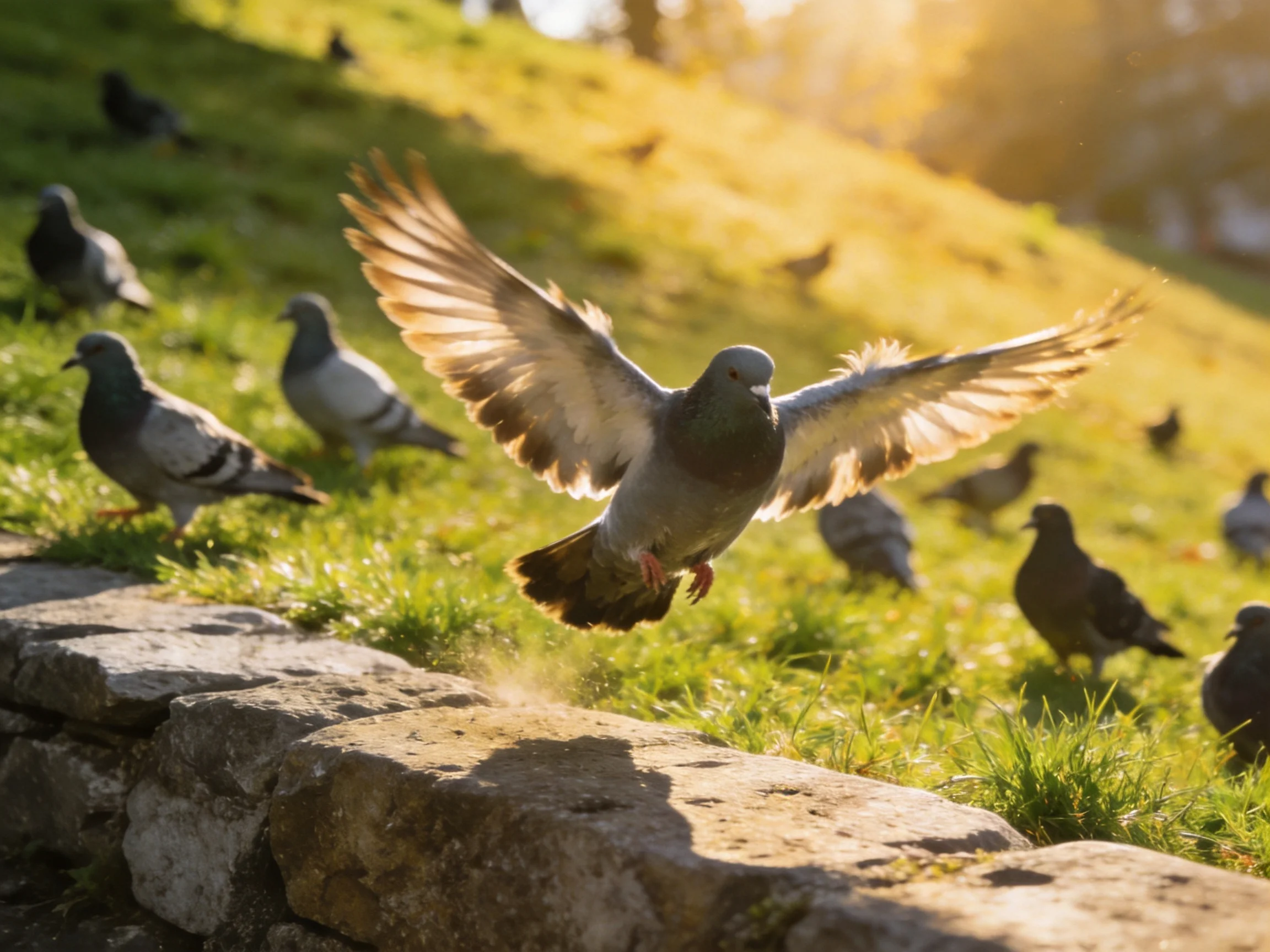 Pigeons on sunlit grass near stone wall; one takes flight