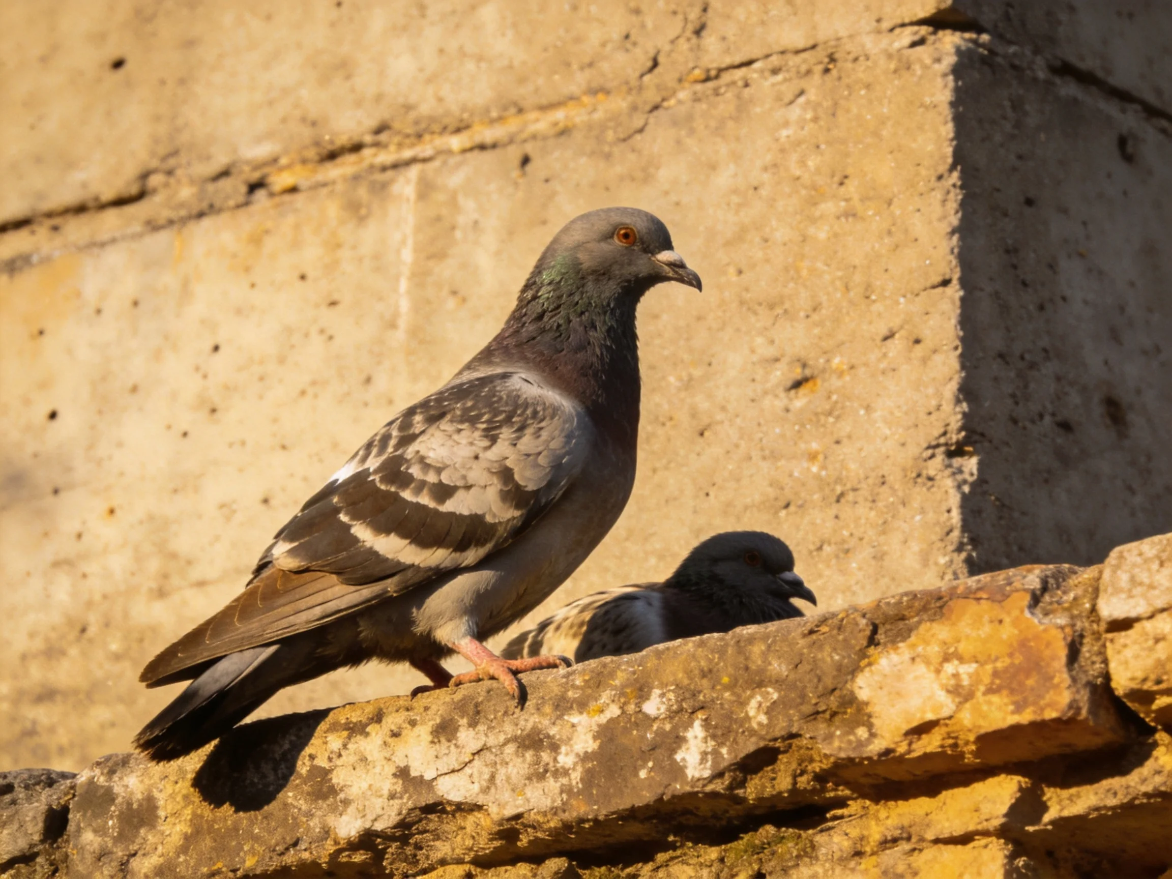 Pigeons stands on a weathered stone ledge with a companion nearby, adjacent to a concrete wall
