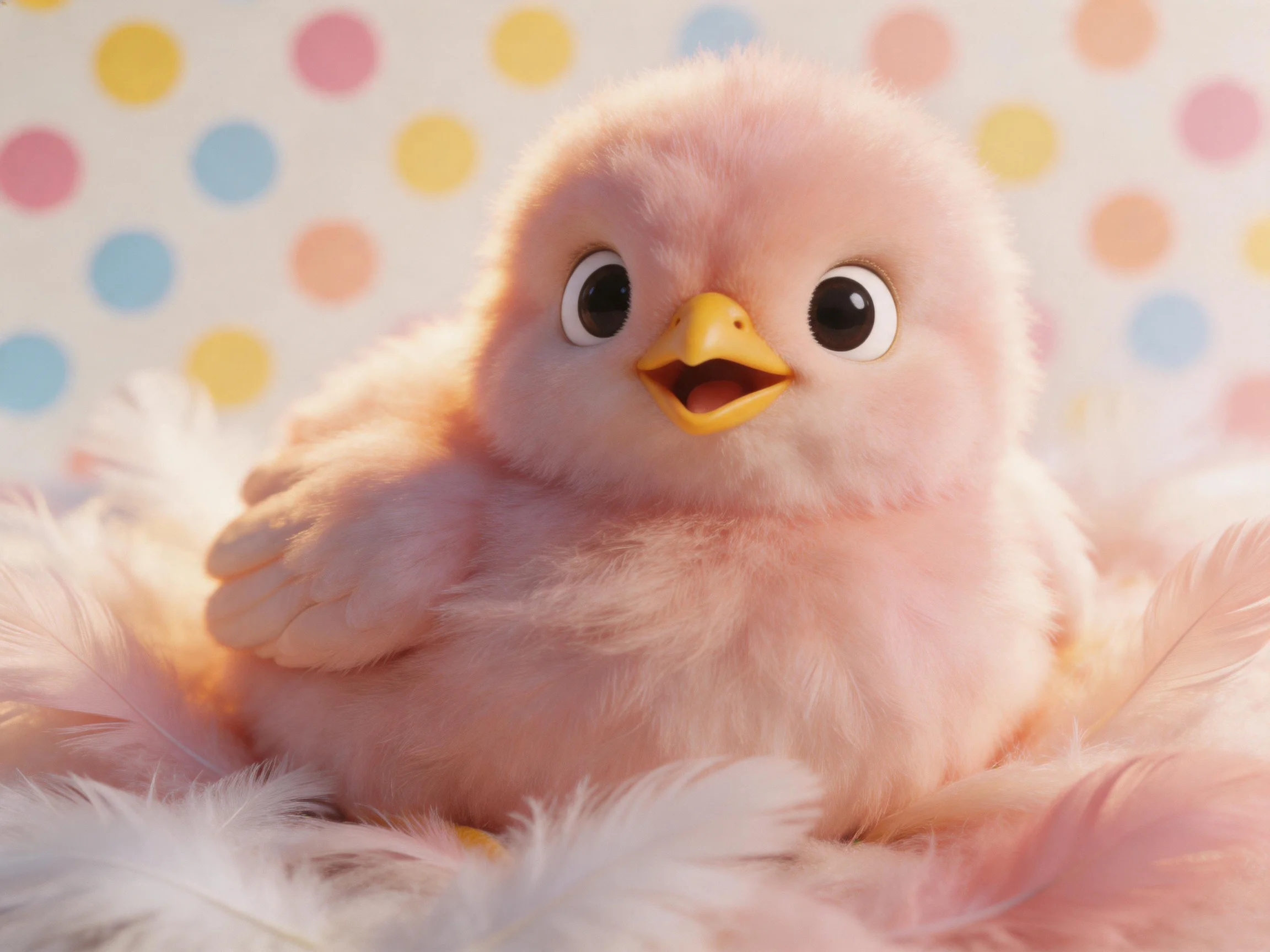 Pink fluffy chick nestled among soft feathers with colorful polka dots