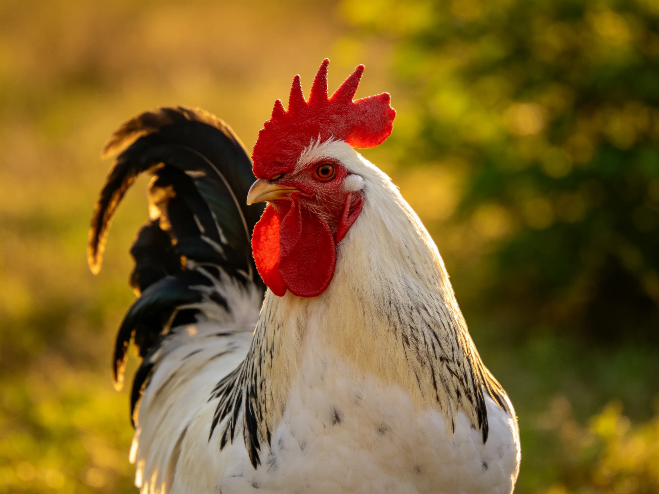 Red-combed rooster with black tail feathers in golden sunlight