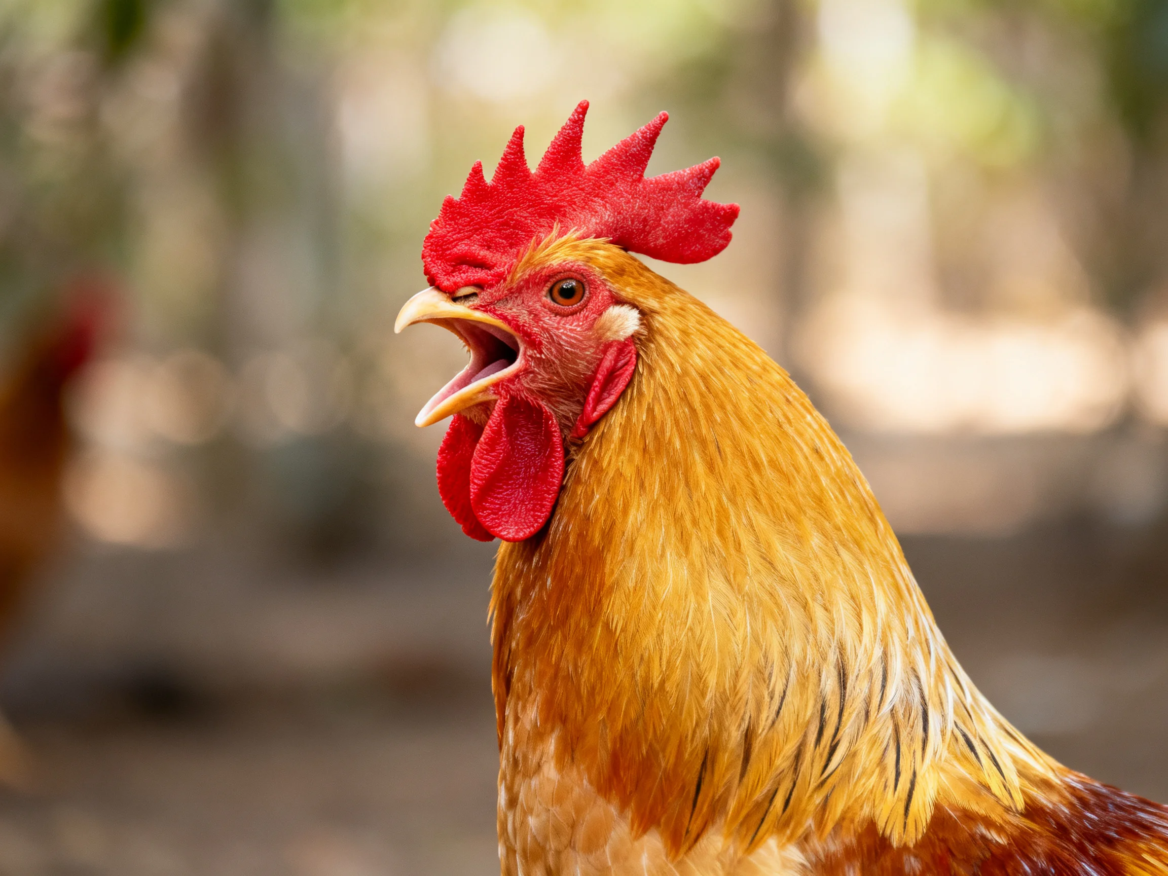 Red-combed rooster with golden feathers vocalizing outdoors