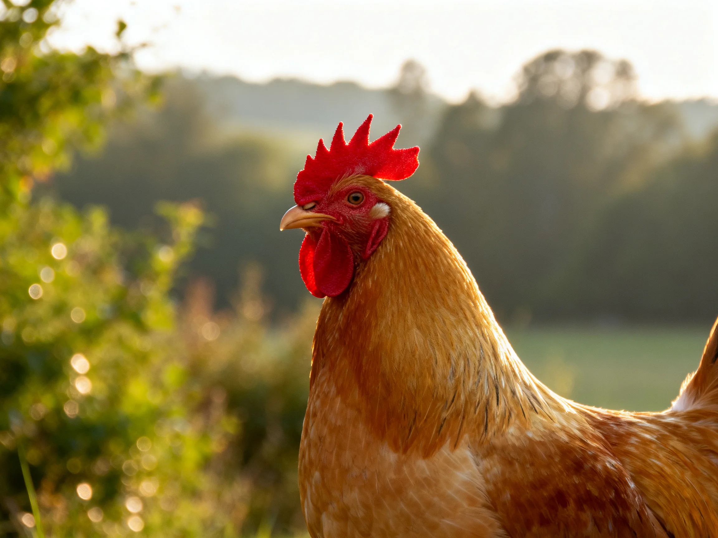Red-combed rooster with golden plumage in sunlit rural landscape