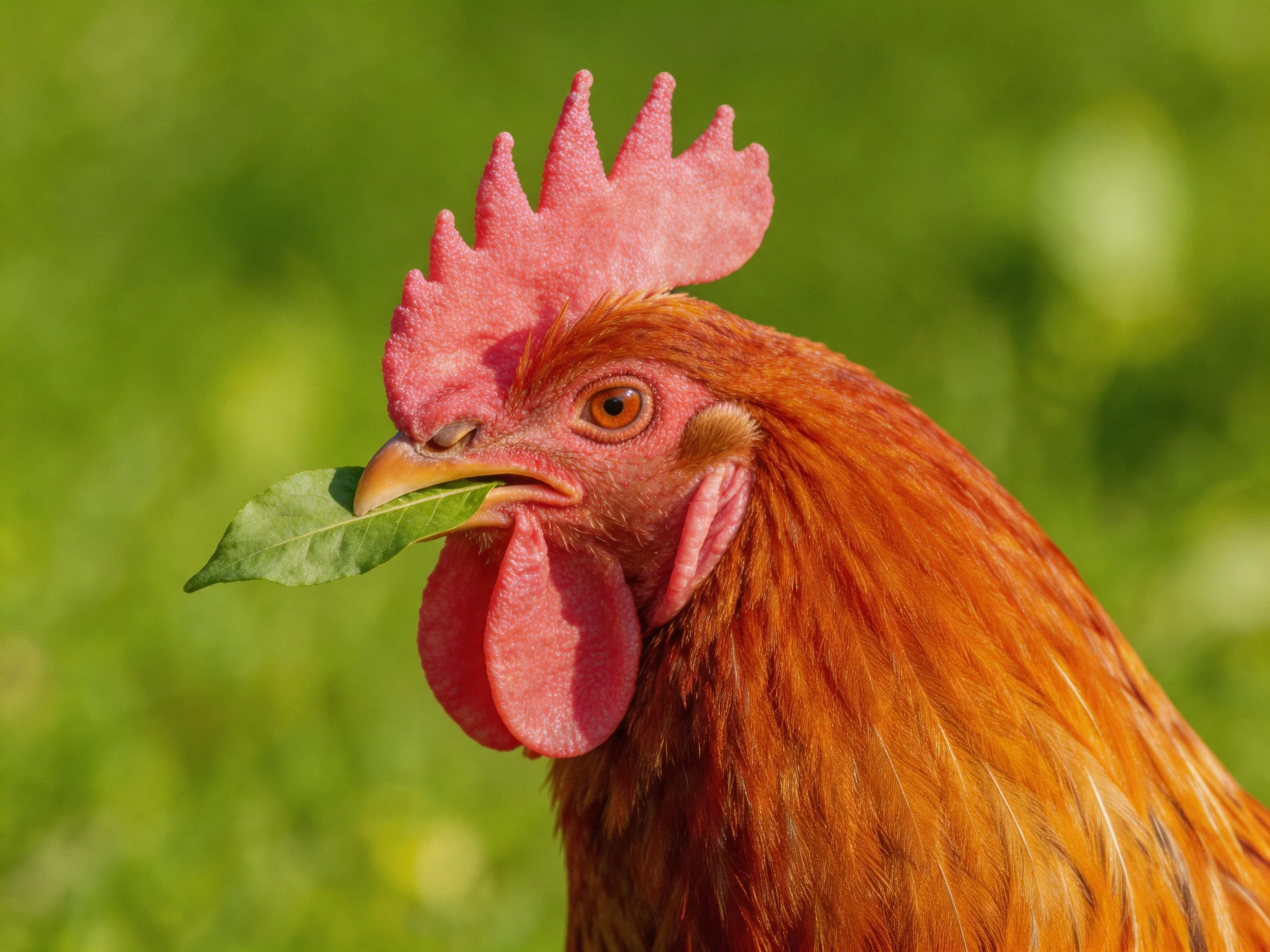 Reddish-brown rooster with pink comb holds green leaf outdoors