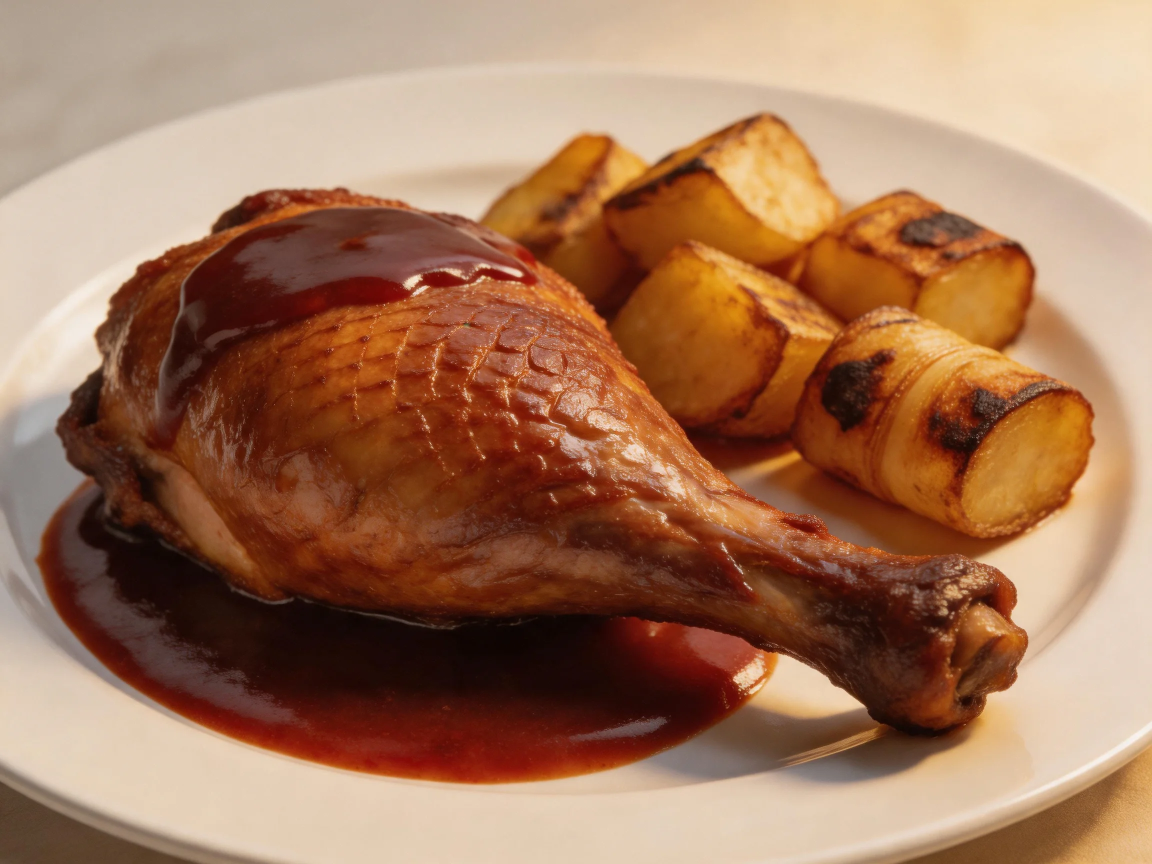 Roasted chicken leg with dark sauce and caramelized potatoes on a white plate
