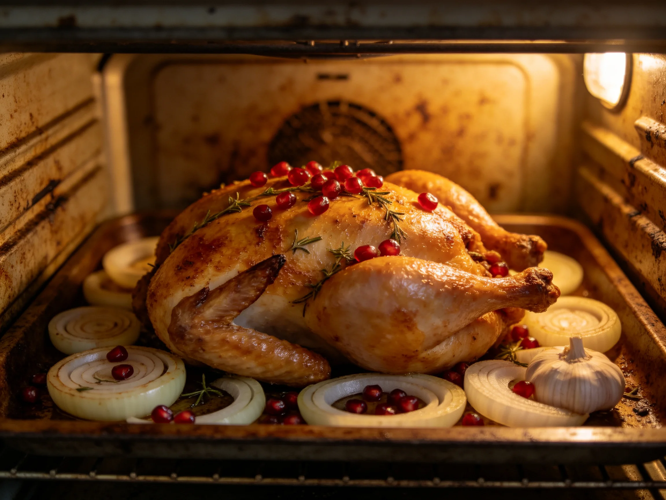 Roasted chicken garnished with berries and herbs baking in an old oven