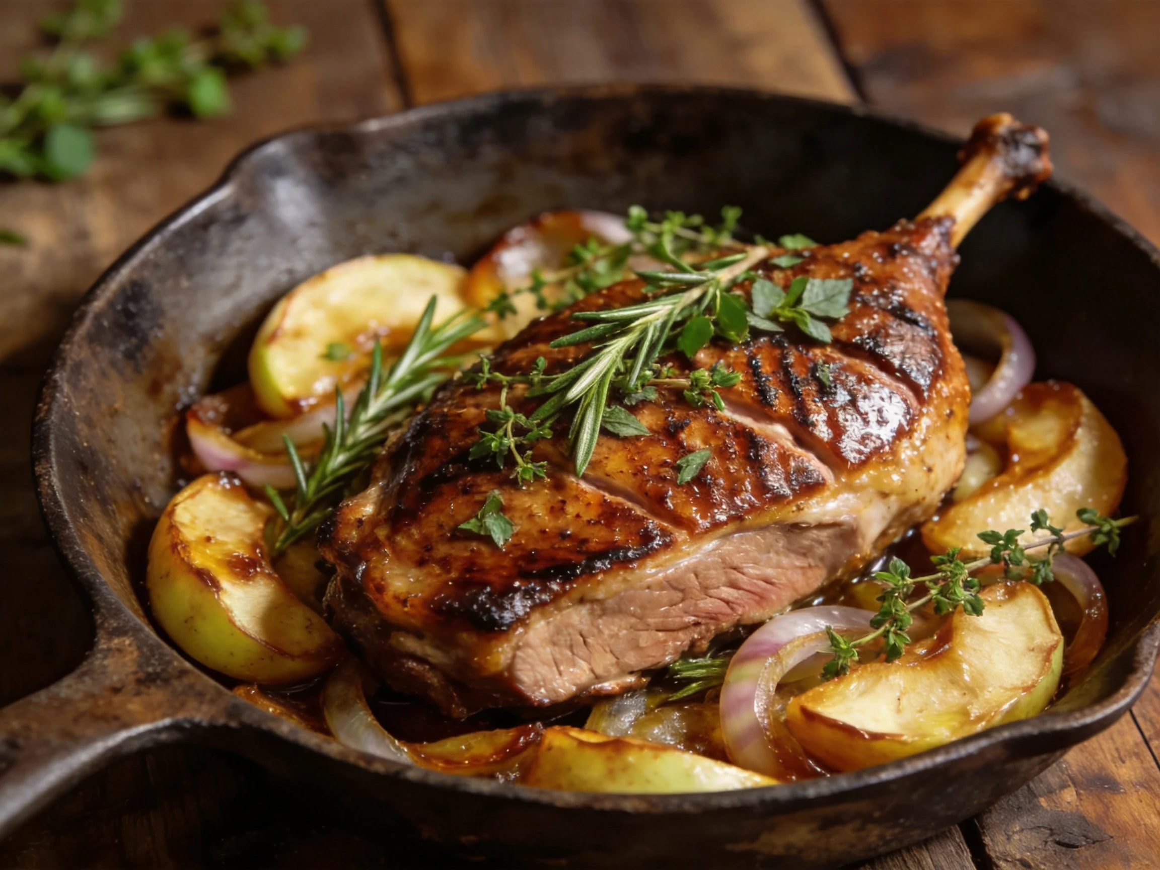 Roasted duck leg with caramelized apples and fresh herbs in a cast iron skillet